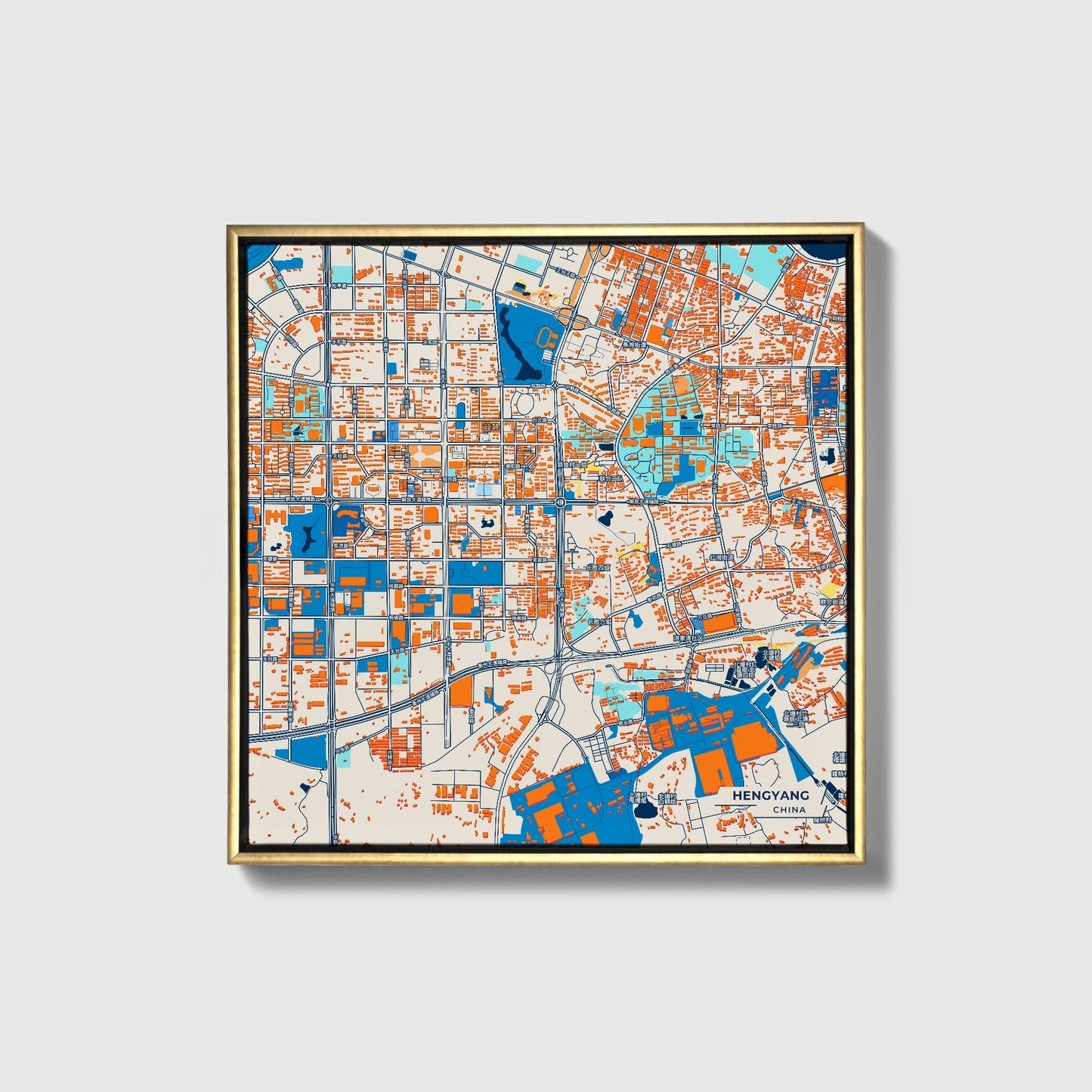 Hengyang China Colorful City Map Canvas Print • Gold Framed