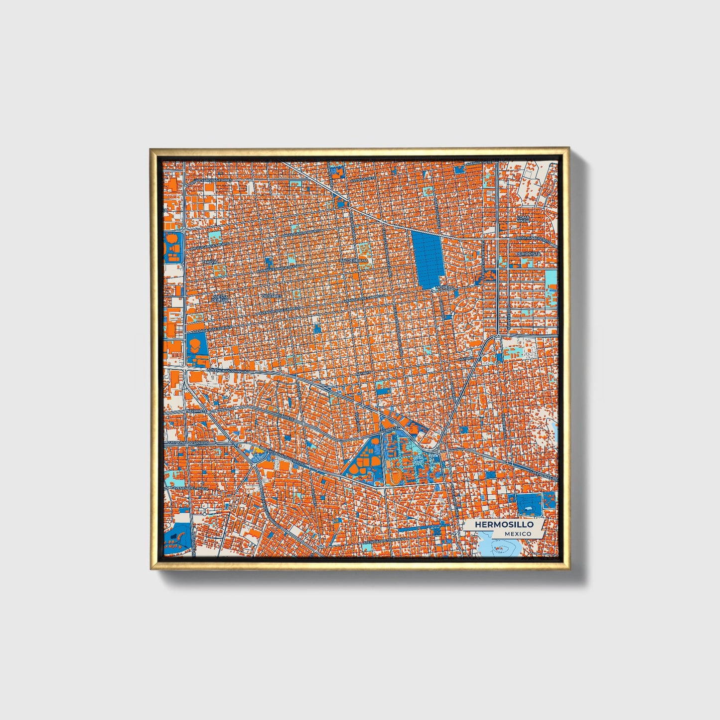 Hermosillo Mexico Colorful City Map Canvas Print • Gold Framed