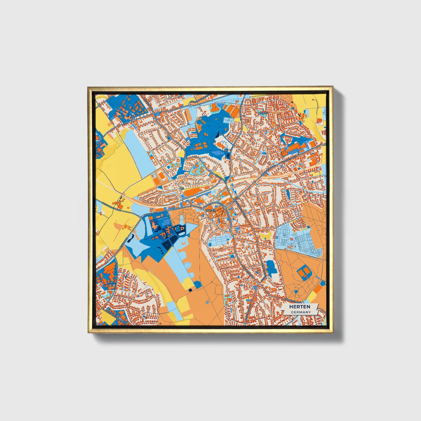 Herten Germany Colorful City Map Canvas Print • Gold Framed