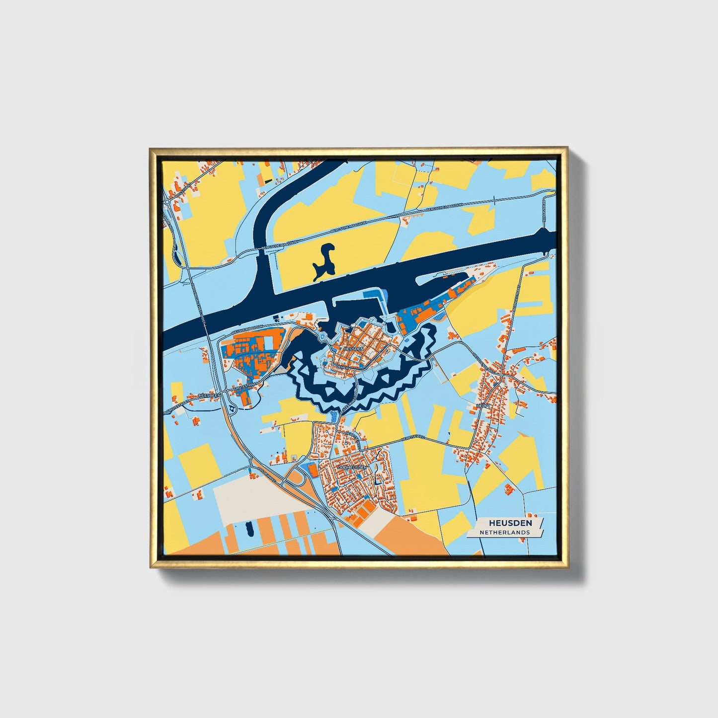 Heusden Netherlands Colorful City Map Canvas Print • Gold Framed