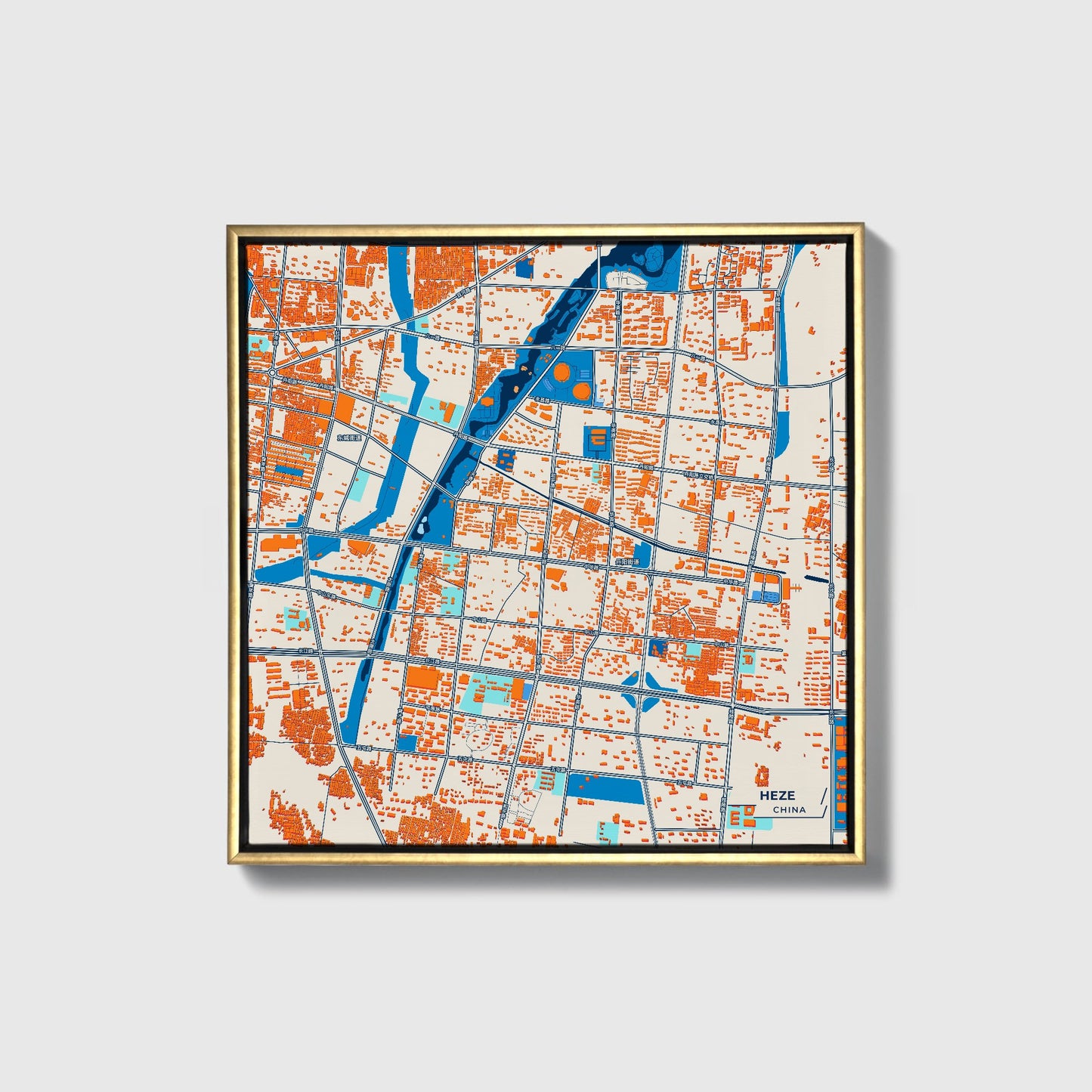 Heze China Colorful City Map Canvas Print • Gold Framed