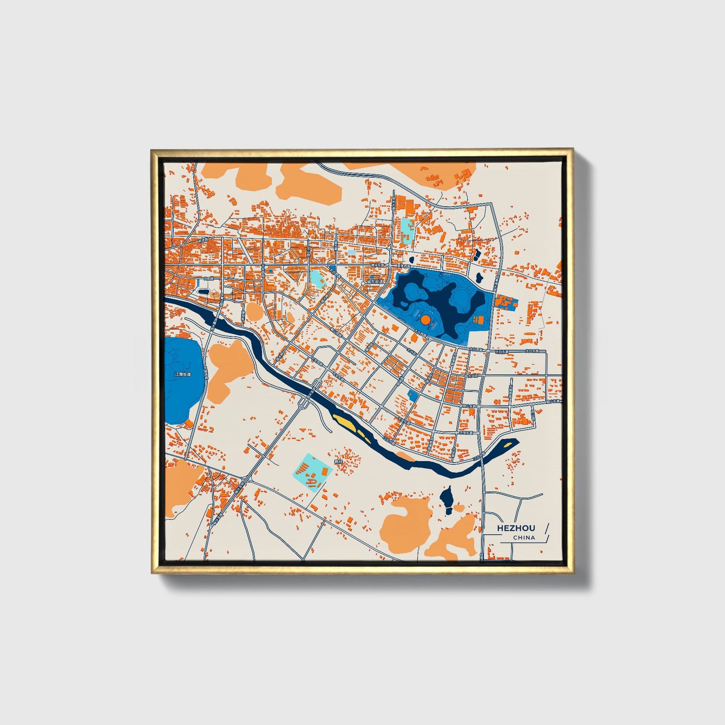 Hezhou China Colorful City Map Canvas Print • Gold Framed