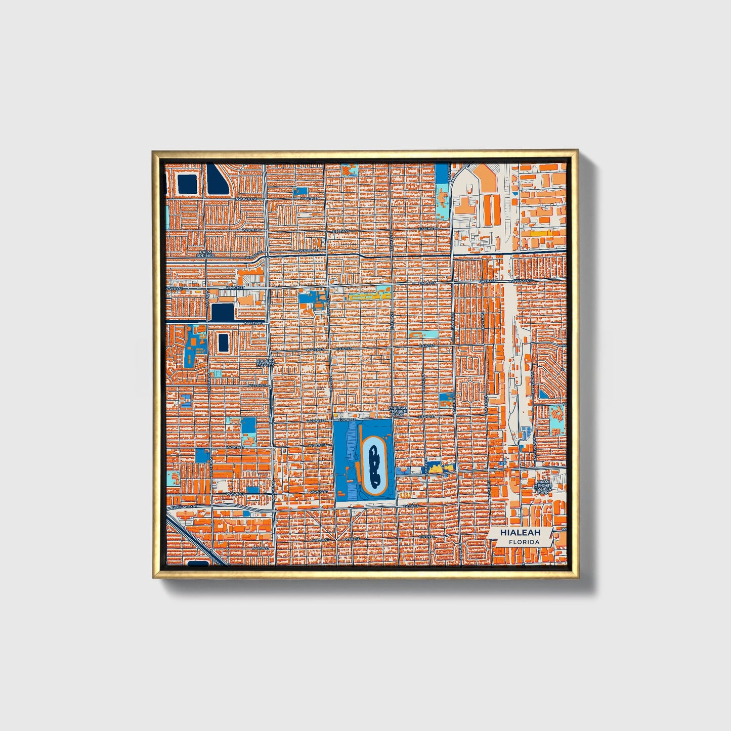 Hialeah Florida Colorful City Map Canvas Print • Gold Framed