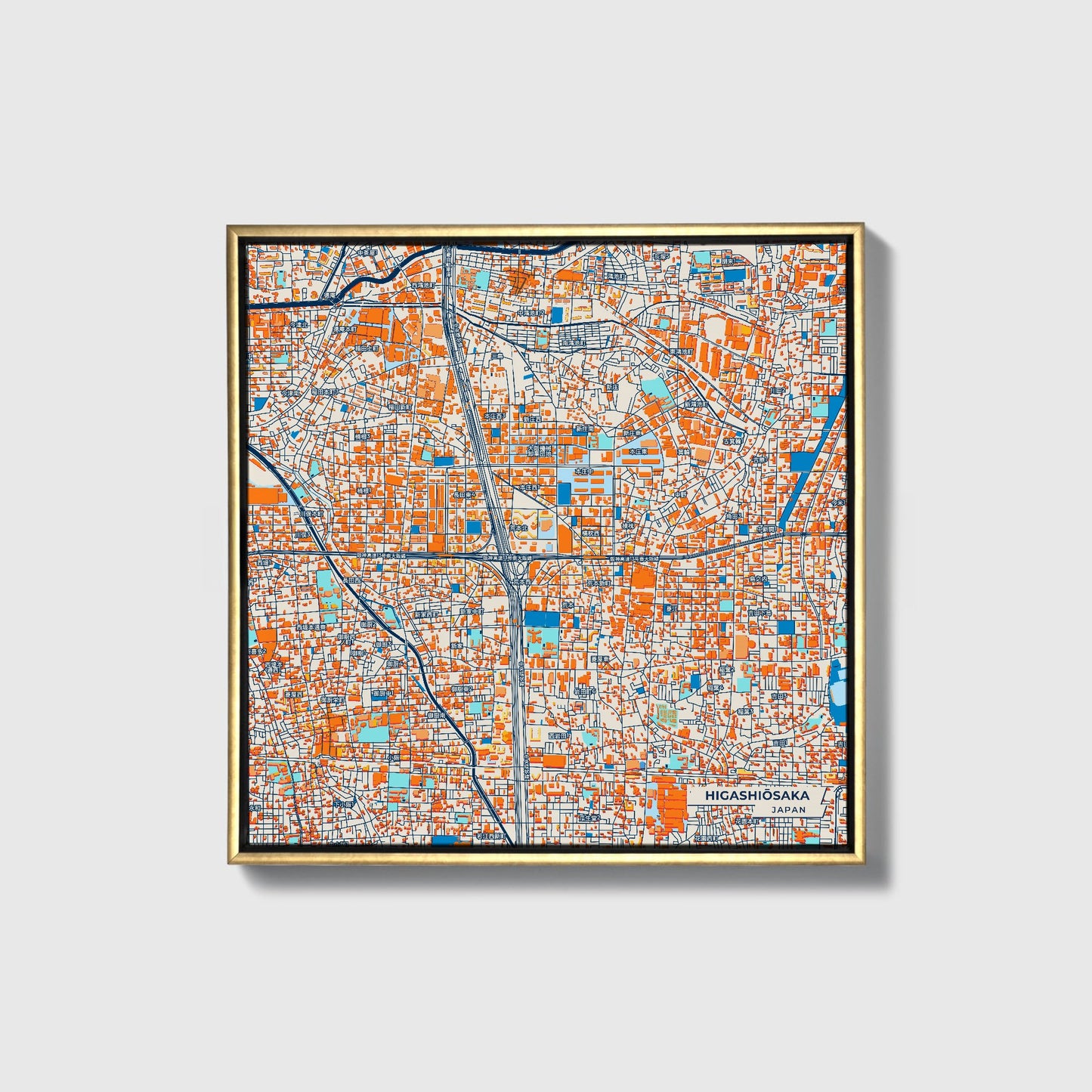 Higashiōsaka Japan Colorful City Map Canvas Print • Gold Framed