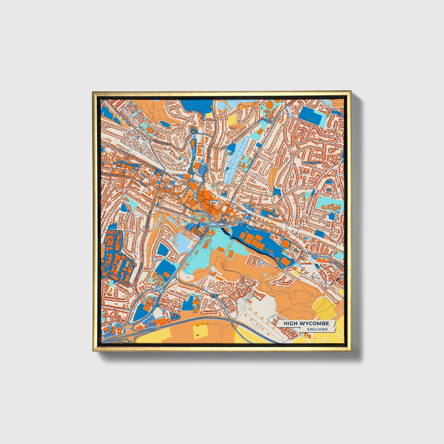 High Wycombe England Colorful City Map Canvas Print • Gold Framed