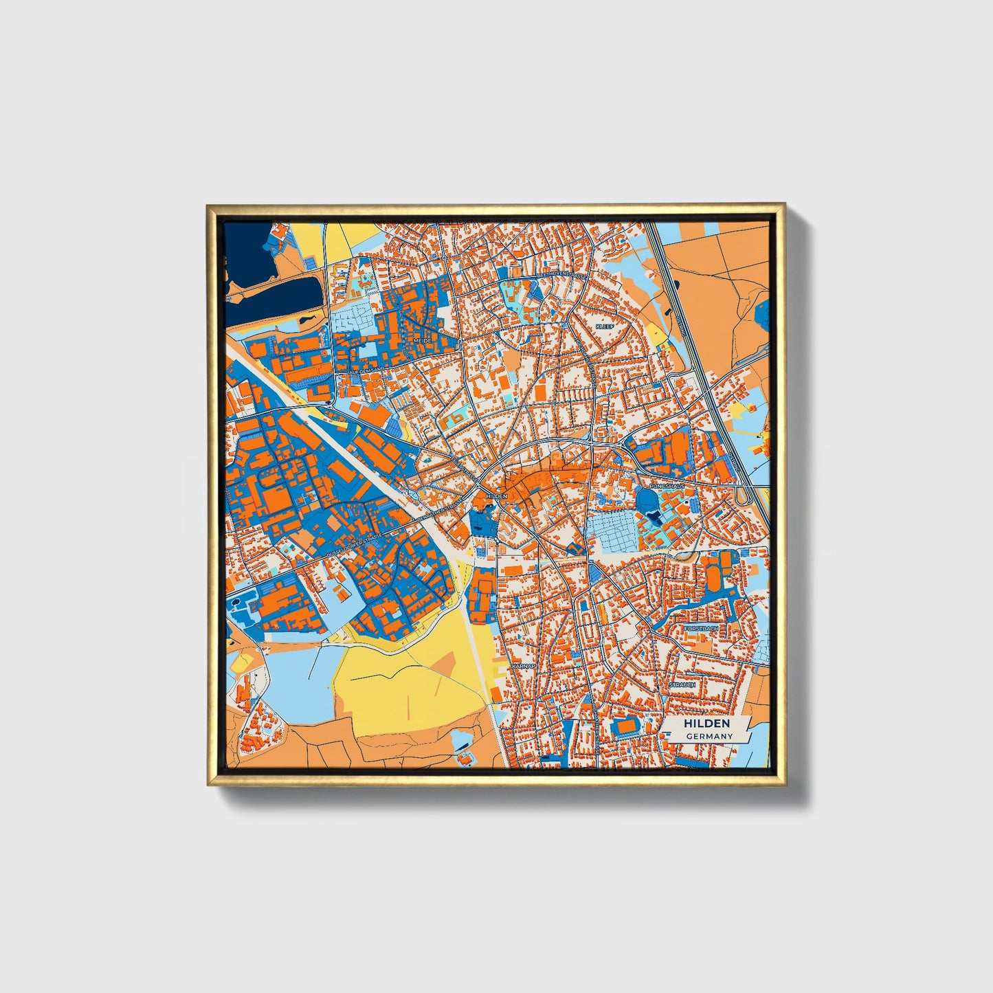 Hilden Germany Colorful City Map Canvas Print • Gold Framed