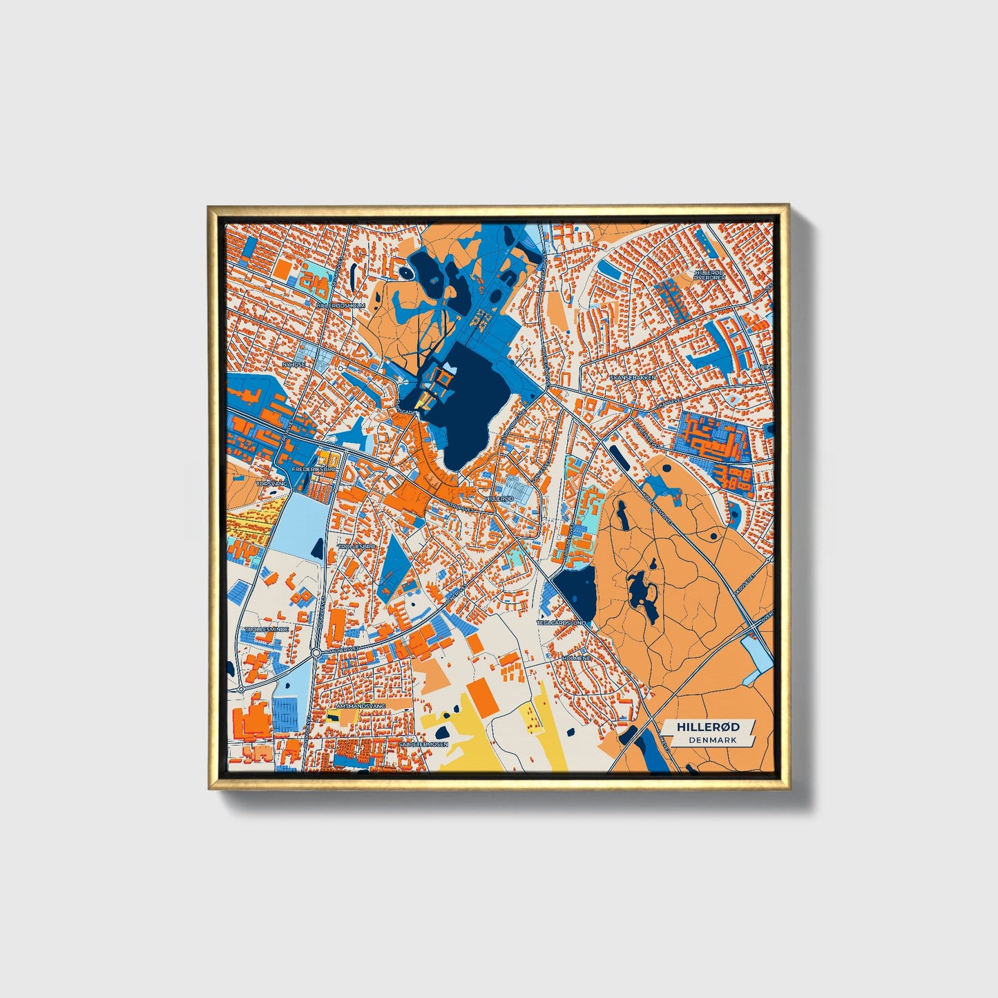 Hillerød Denmark Colorful City Map Canvas Print • Gold Framed