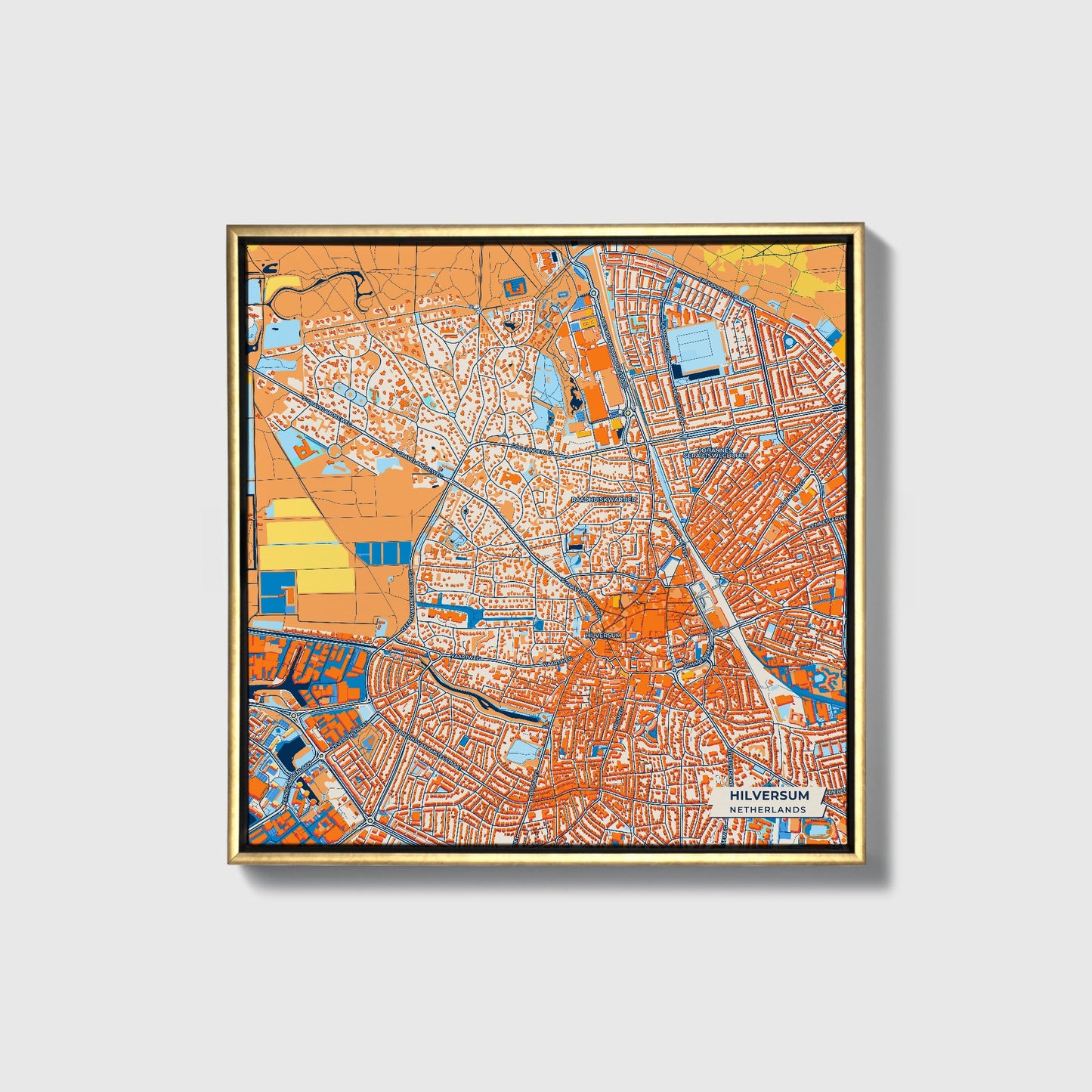 Hilversum Netherlands Colorful City Map Canvas Print • Gold Framed
