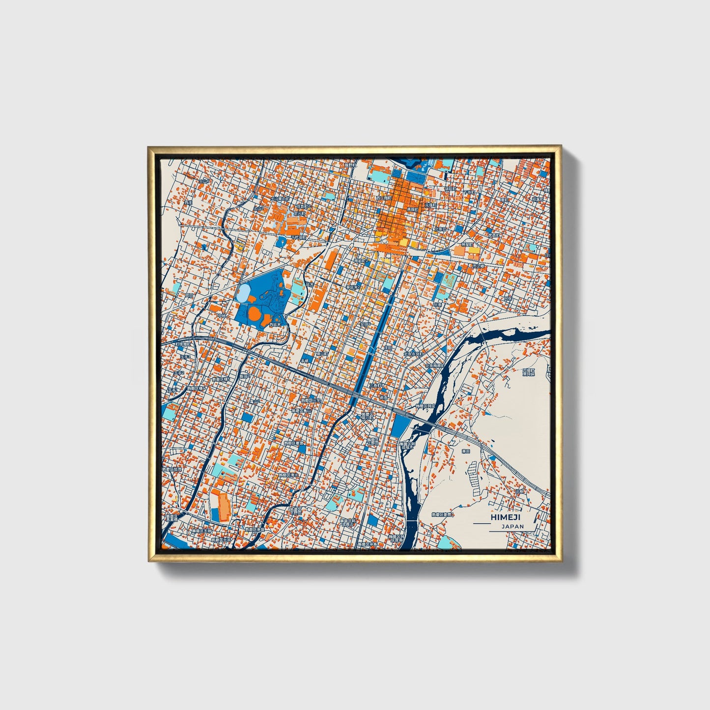 Himeji Japan Colorful City Map Canvas Print • Gold Framed