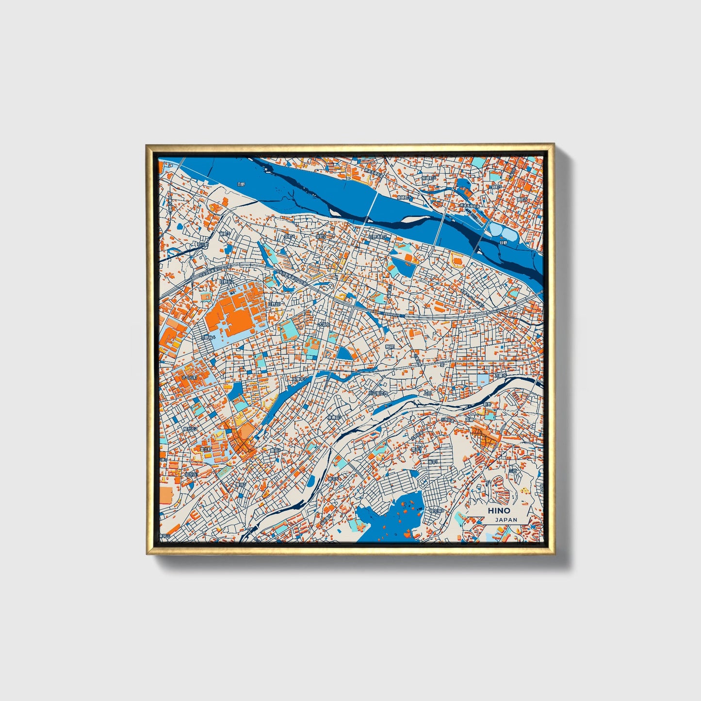 Hino Japan Colorful City Map Canvas Print • Gold Framed