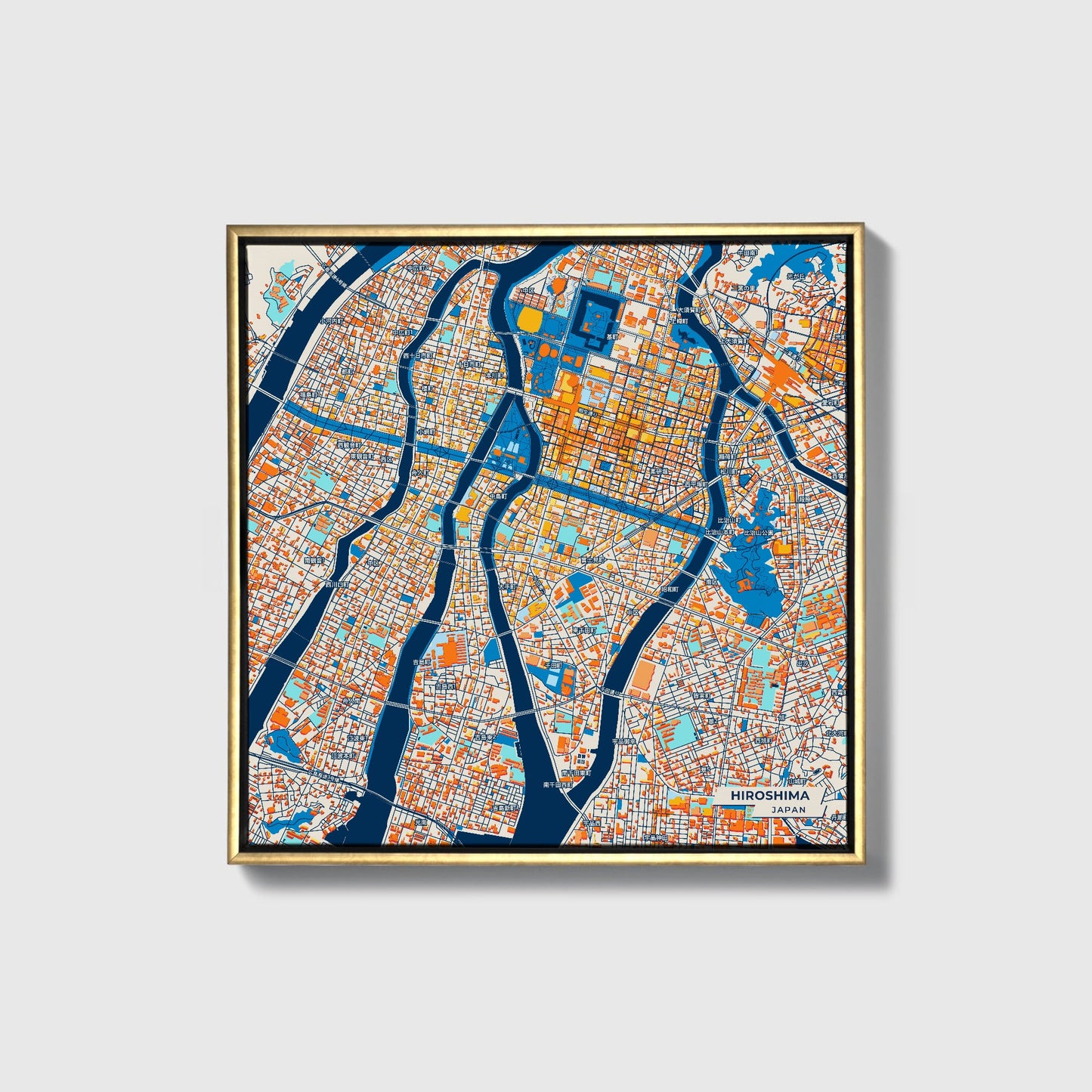 Hiroshima Japan Colorful City Map Canvas Print • Gold Framed
