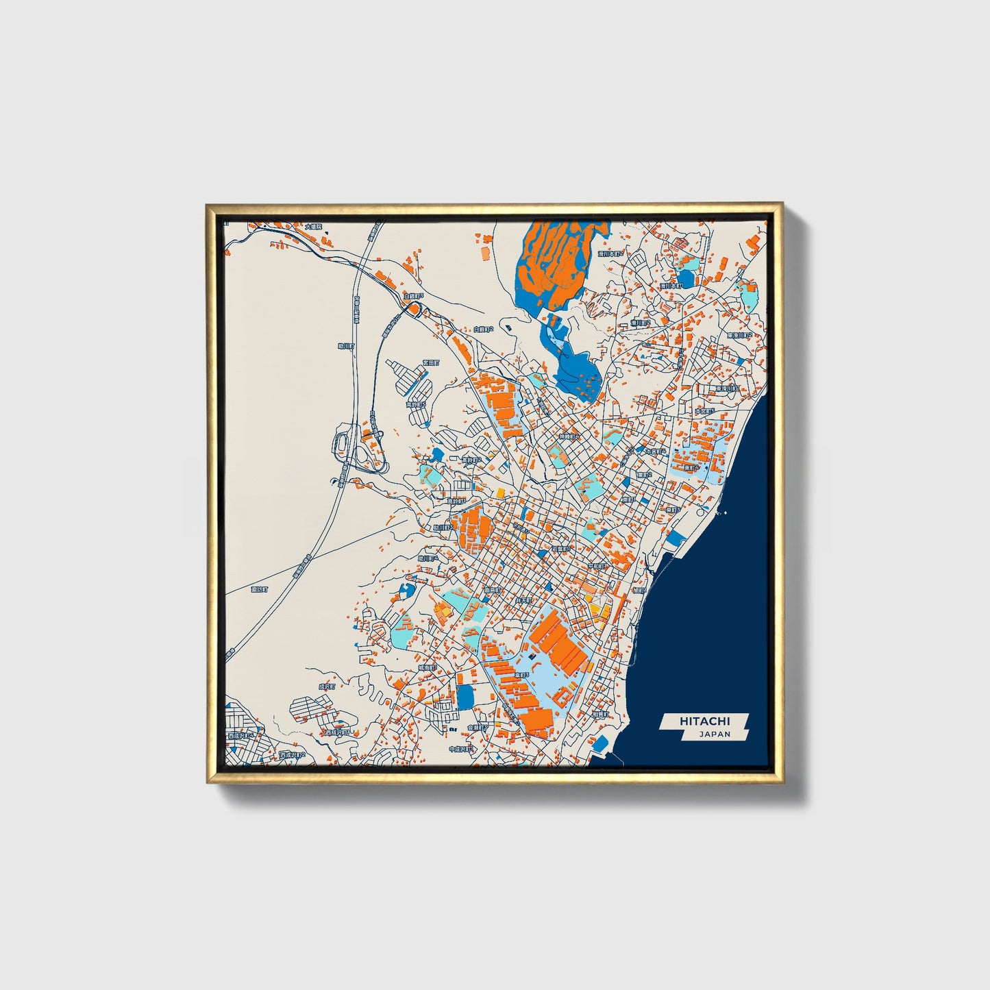 Hitachi Japan Colorful City Map Canvas Print • Gold Framed