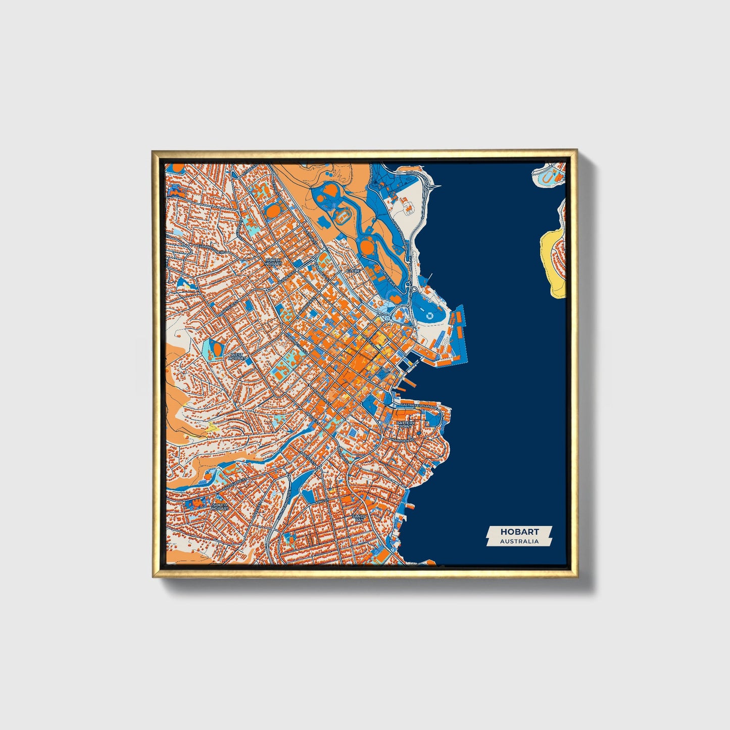 Hobart Australia Colorful City Map Canvas Print • Gold Framed