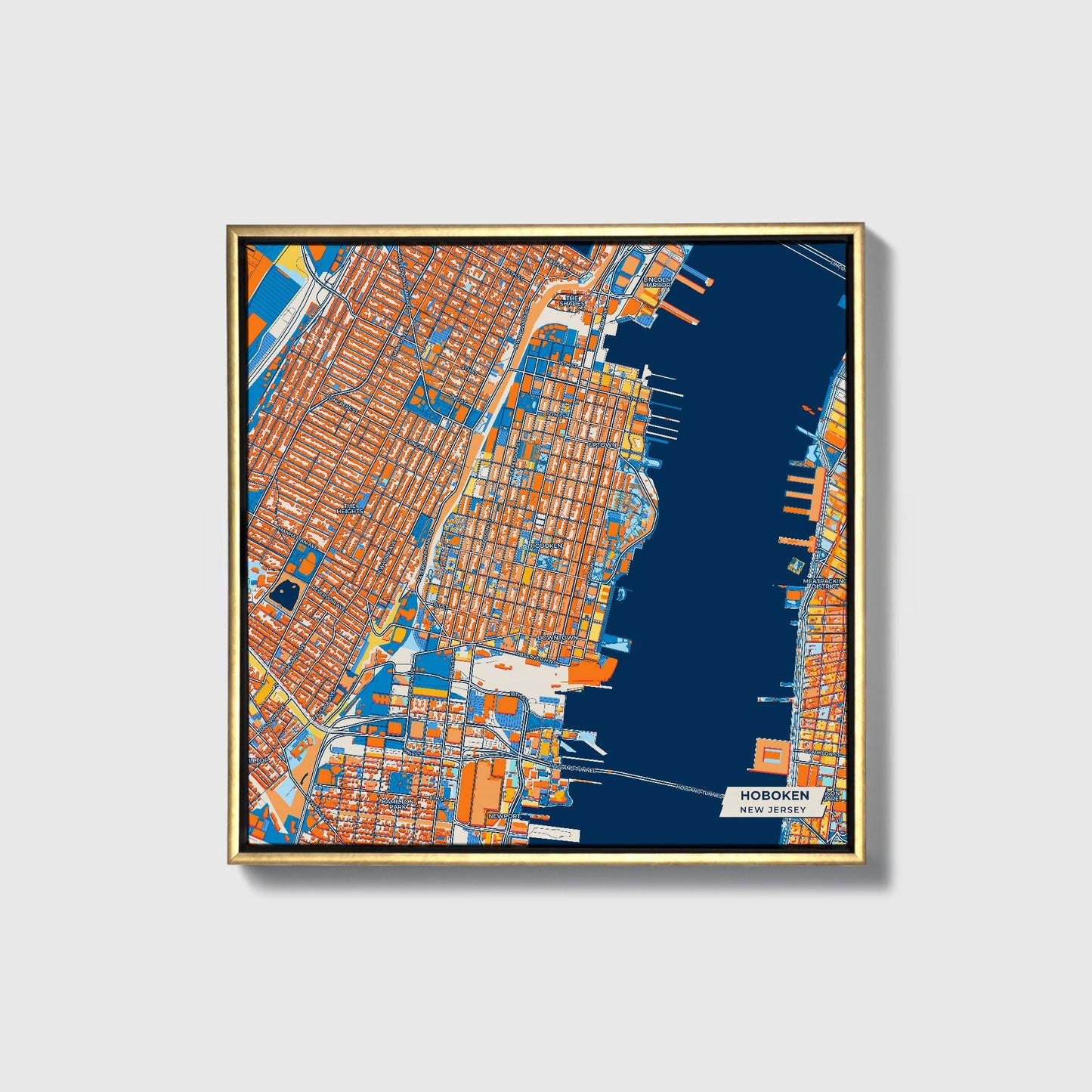 Hoboken New Jersey Colorful City Map Canvas Print • Gold Framed