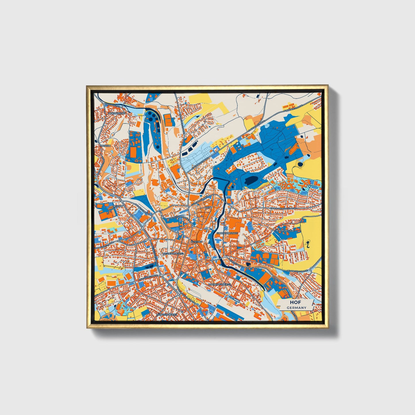 Hof Germany Colorful City Map Canvas Print • Gold Framed