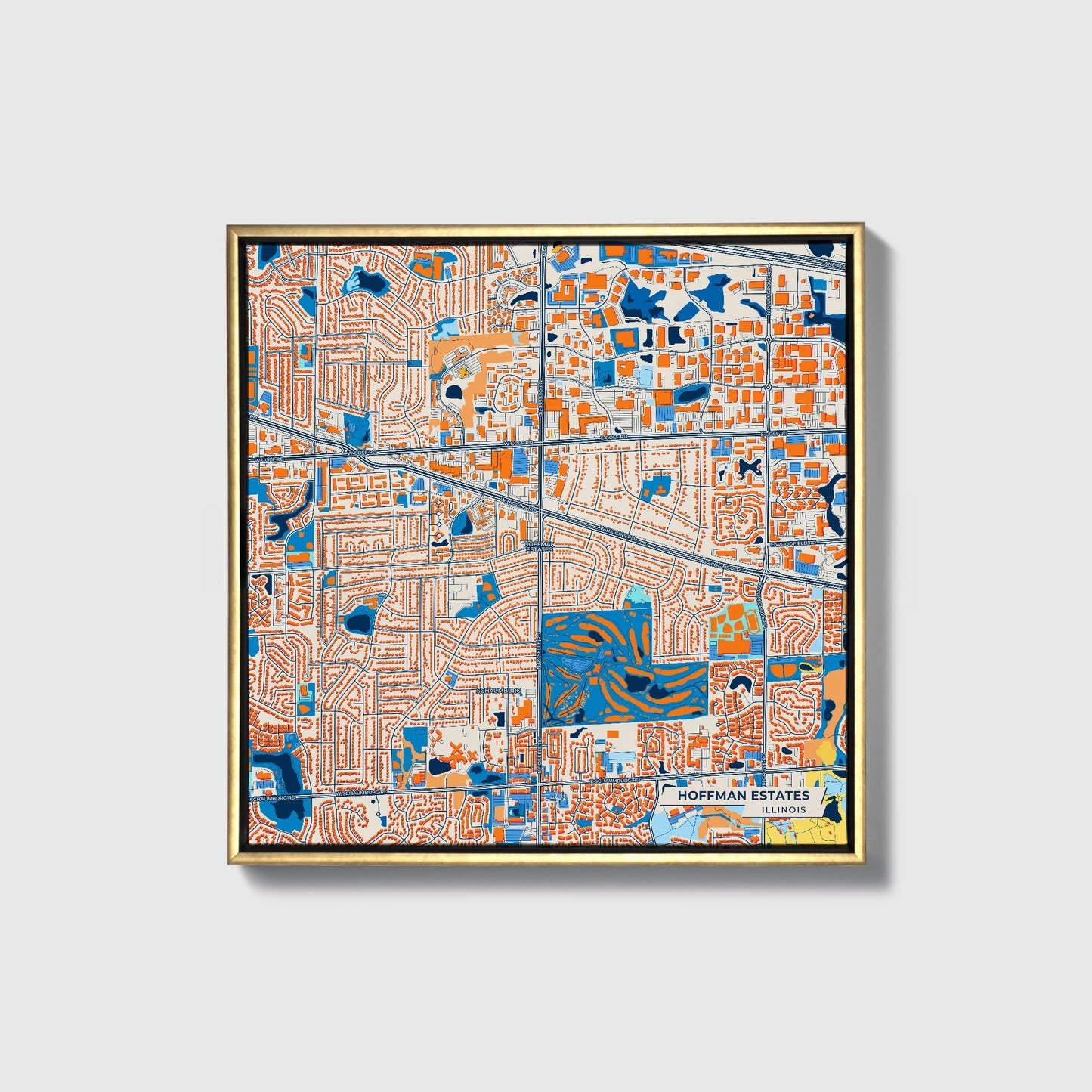 Hoffman Estates Illinois Colorful City Map Canvas Print • Gold Framed