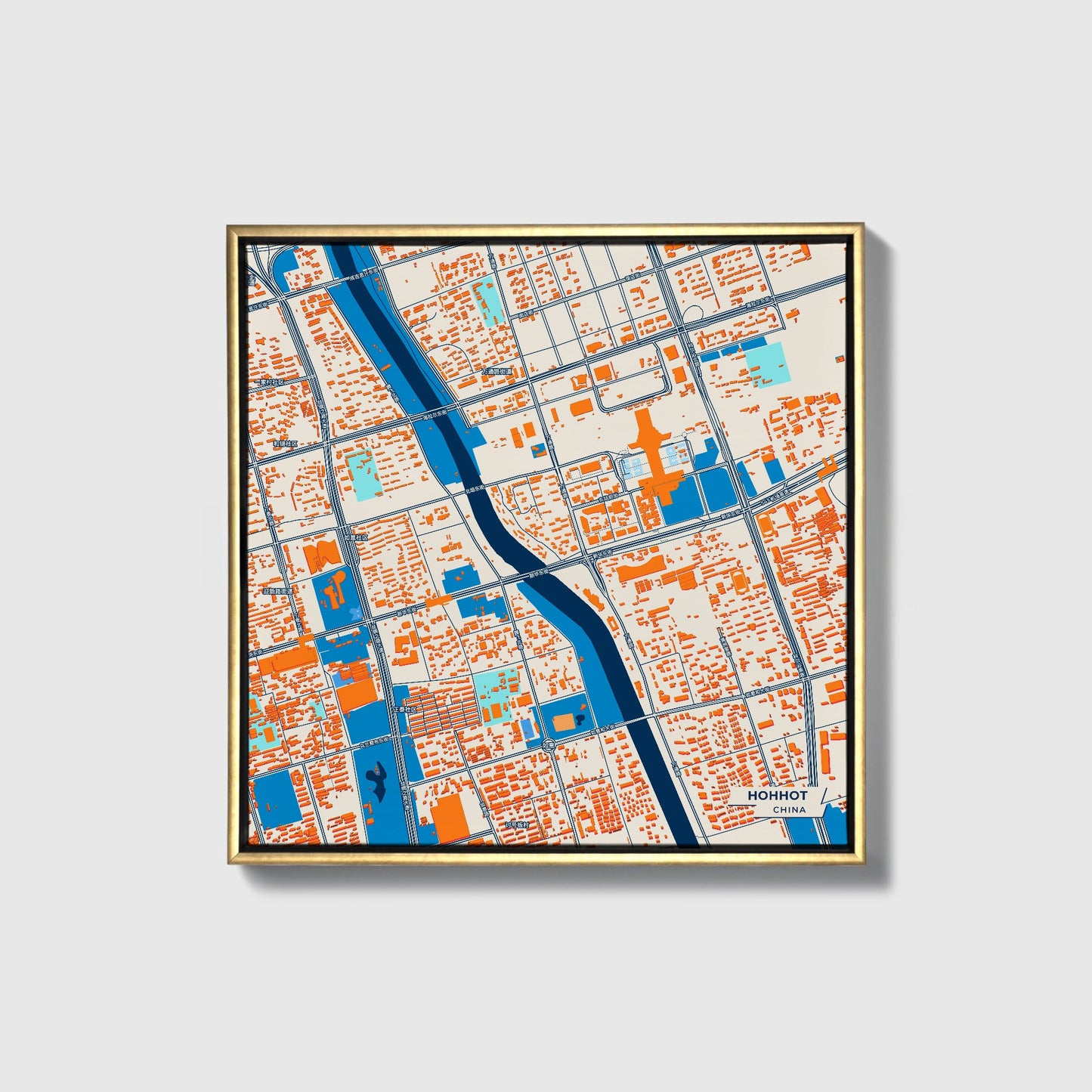Hohhot China Colorful City Map Canvas Print • Gold Framed