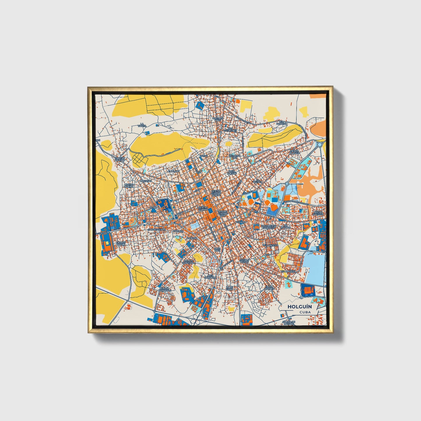 Holguín Cuba Colorful City Map Canvas Print • Gold Framed