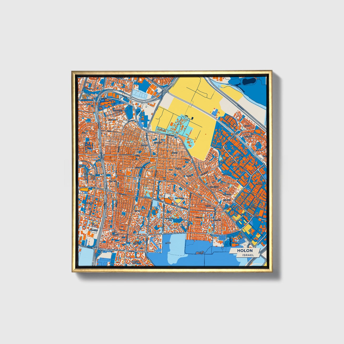 Holon Israel Colorful City Map Canvas Print • Gold Framed