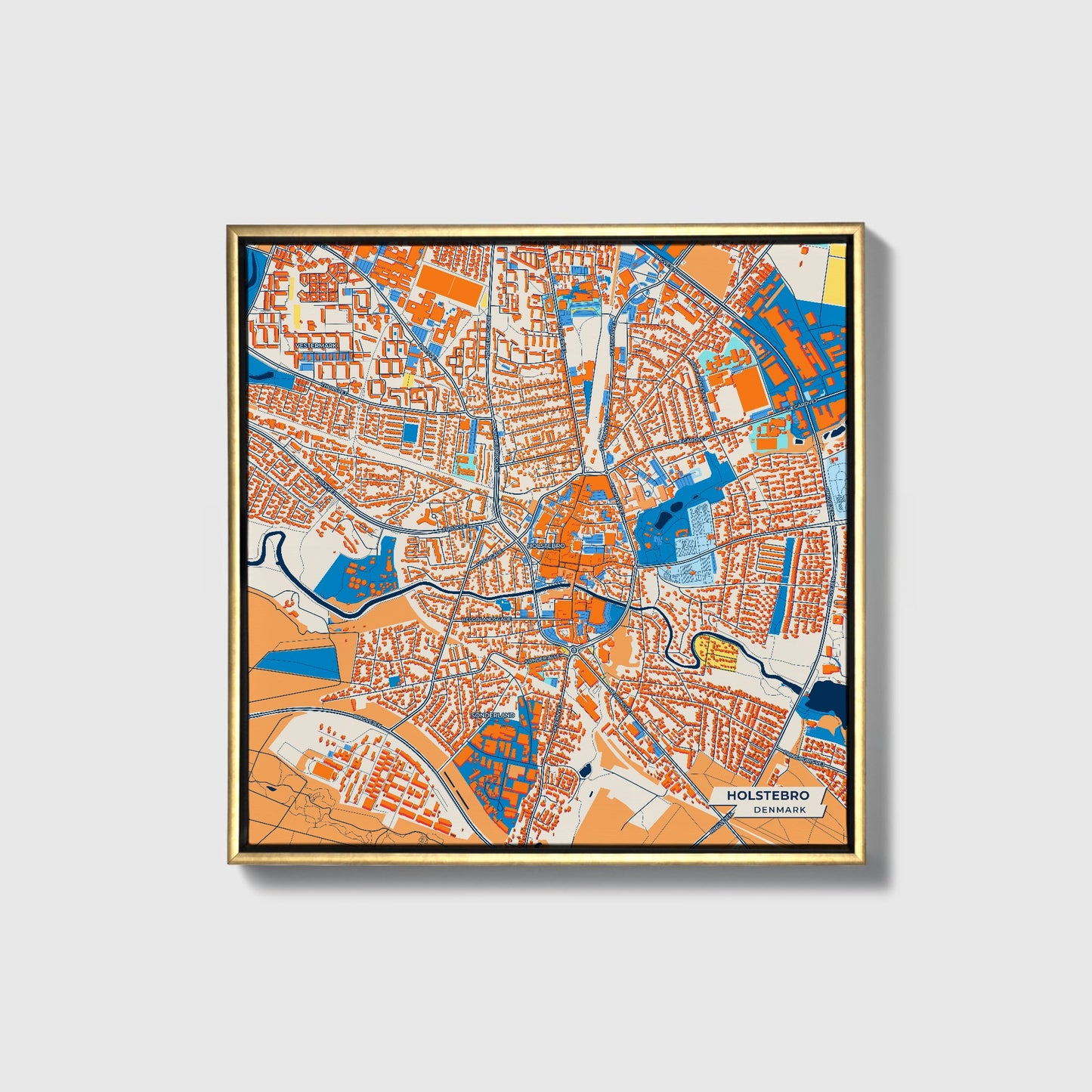 Holstebro Denmark Colorful City Map Canvas Print • Gold Framed