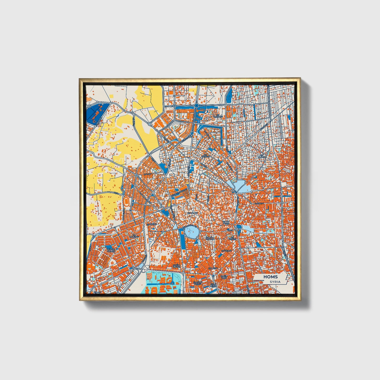 Homs Syria Colorful City Map Canvas Print • Gold Framed