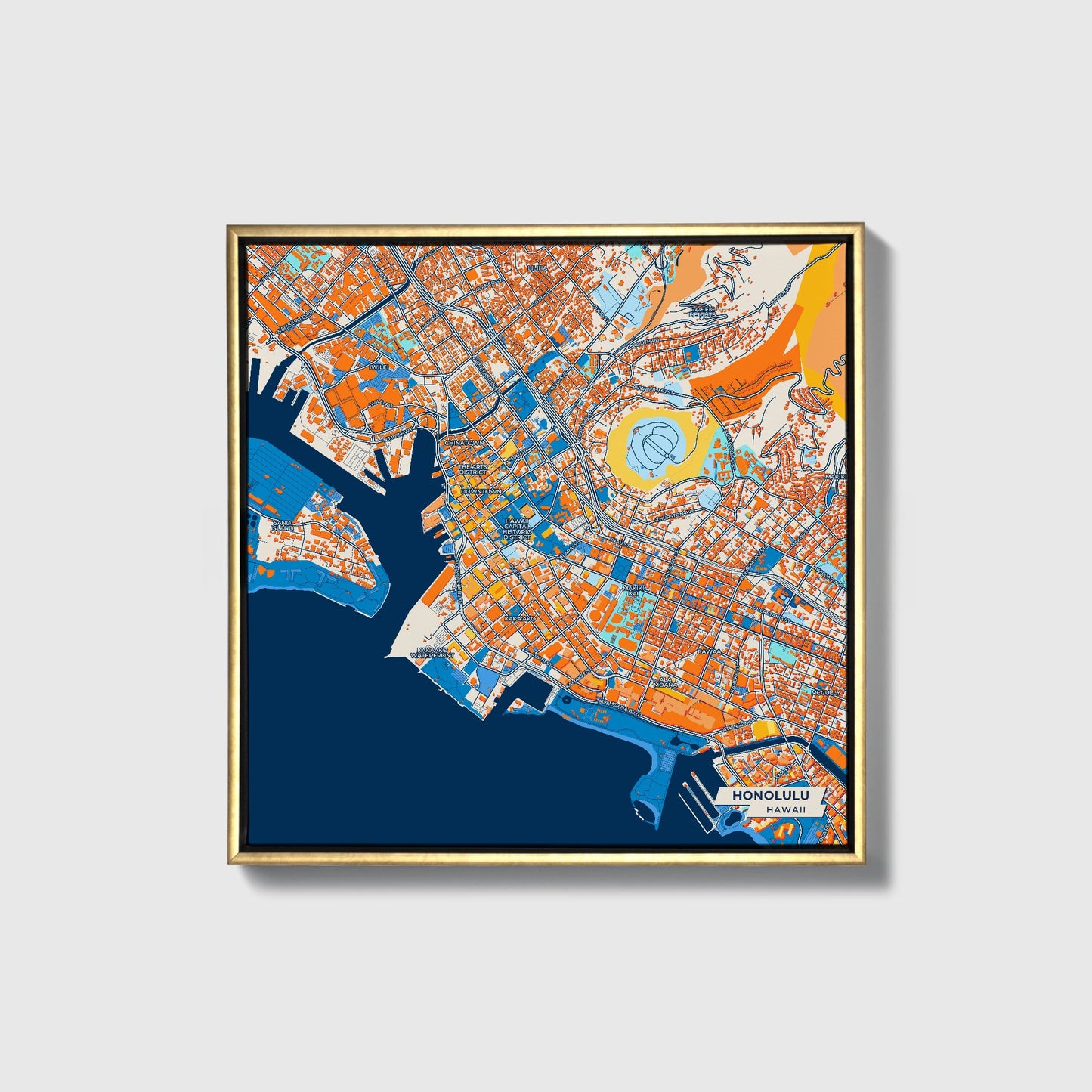Honolulu Hawaii Colorful City Map Canvas Print • Gold Framed