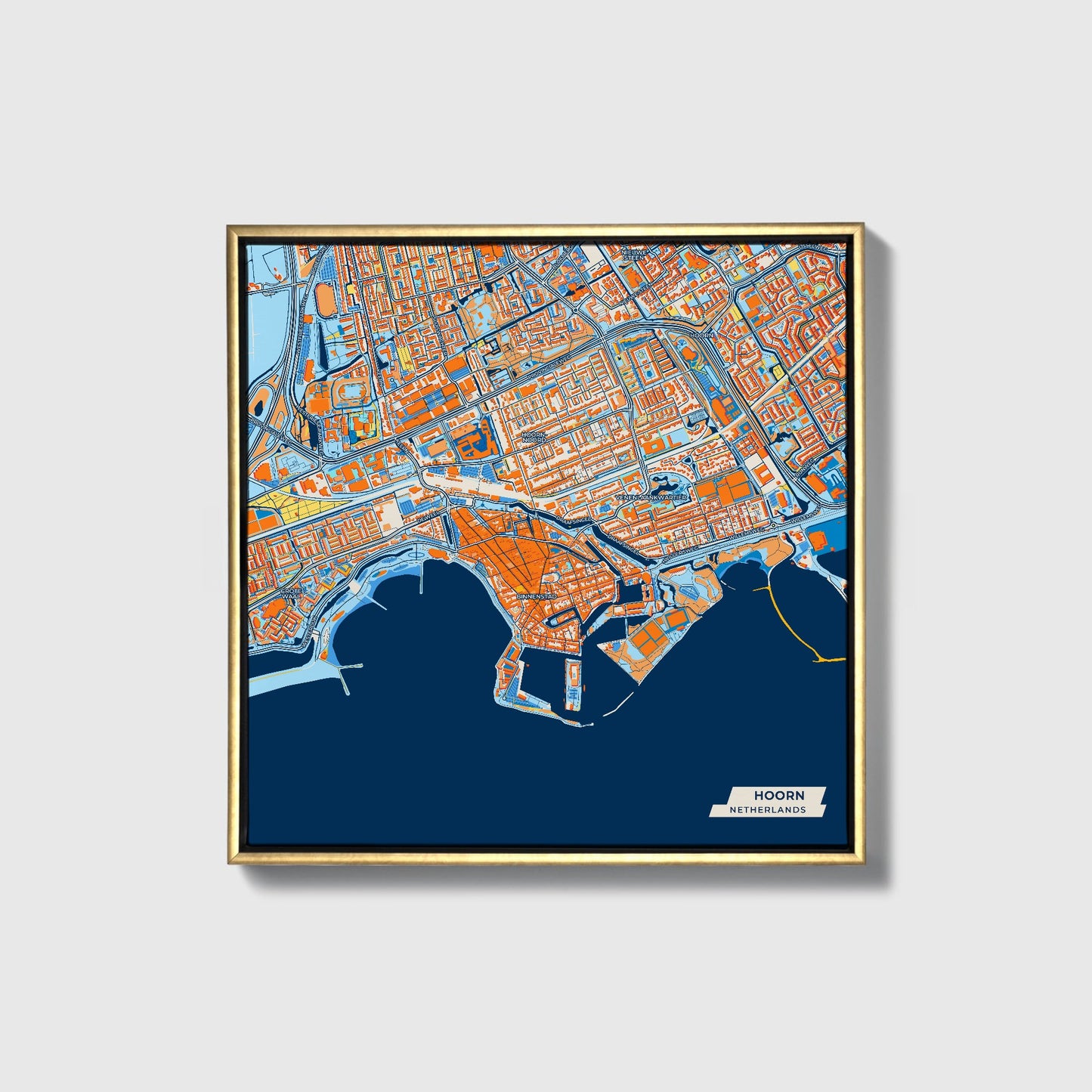Hoorn Netherlands Colorful City Map Canvas Print • Gold Framed