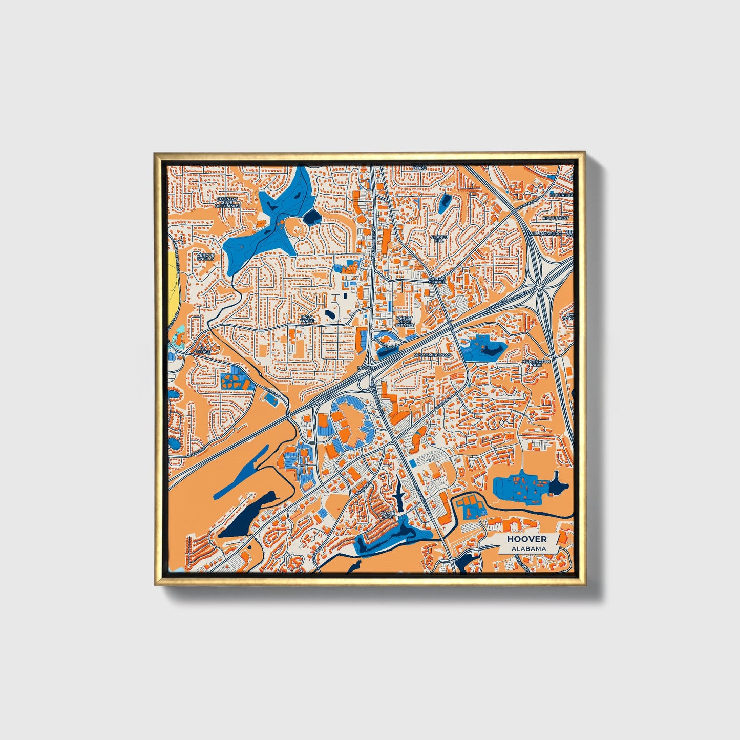 Hoover Alabama Colorful City Map Canvas Print • Gold Framed