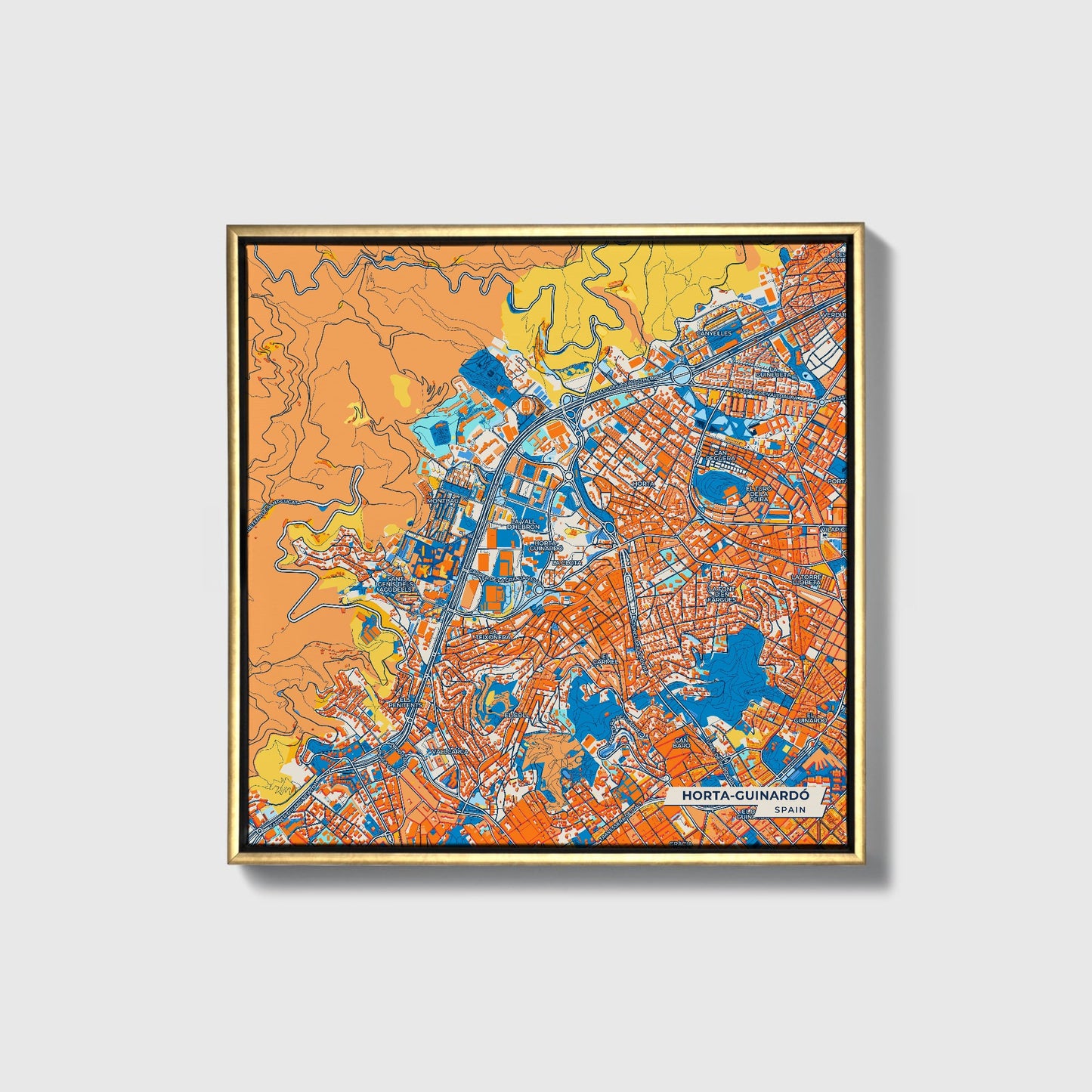 Horta-Guinardó Spain Colorful City Map Canvas Print • Gold Framed
