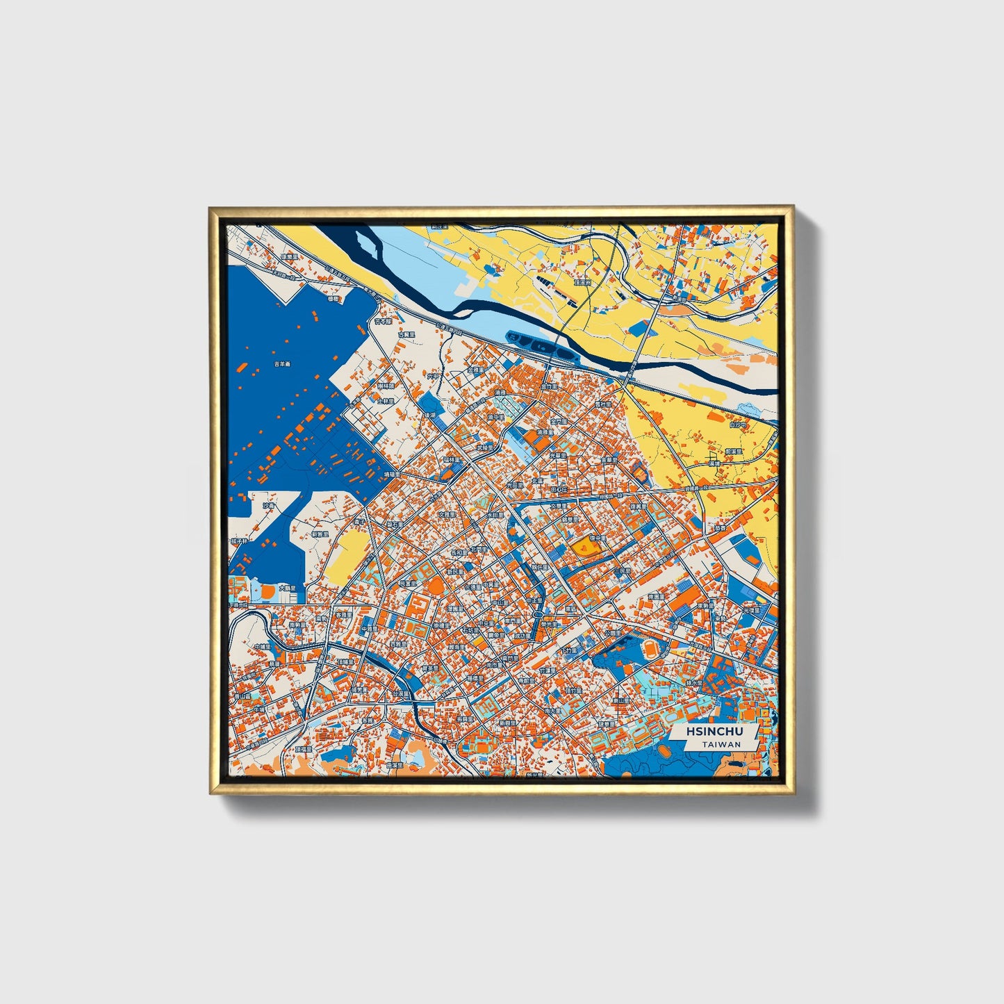 Hsinchu Taiwan Colorful City Map Canvas Print • Gold Framed