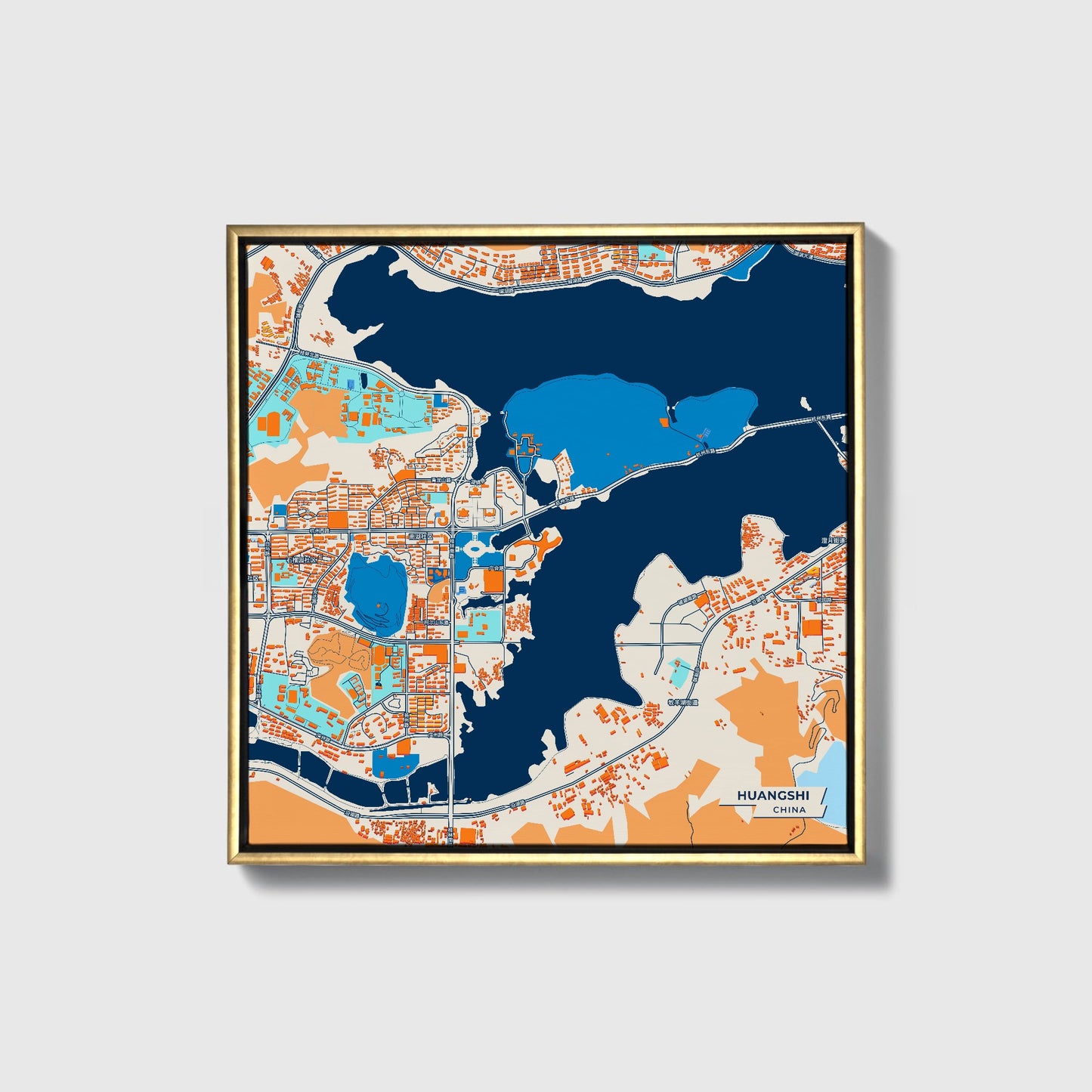 Huangshi China Colorful City Map Canvas Print • Gold Framed