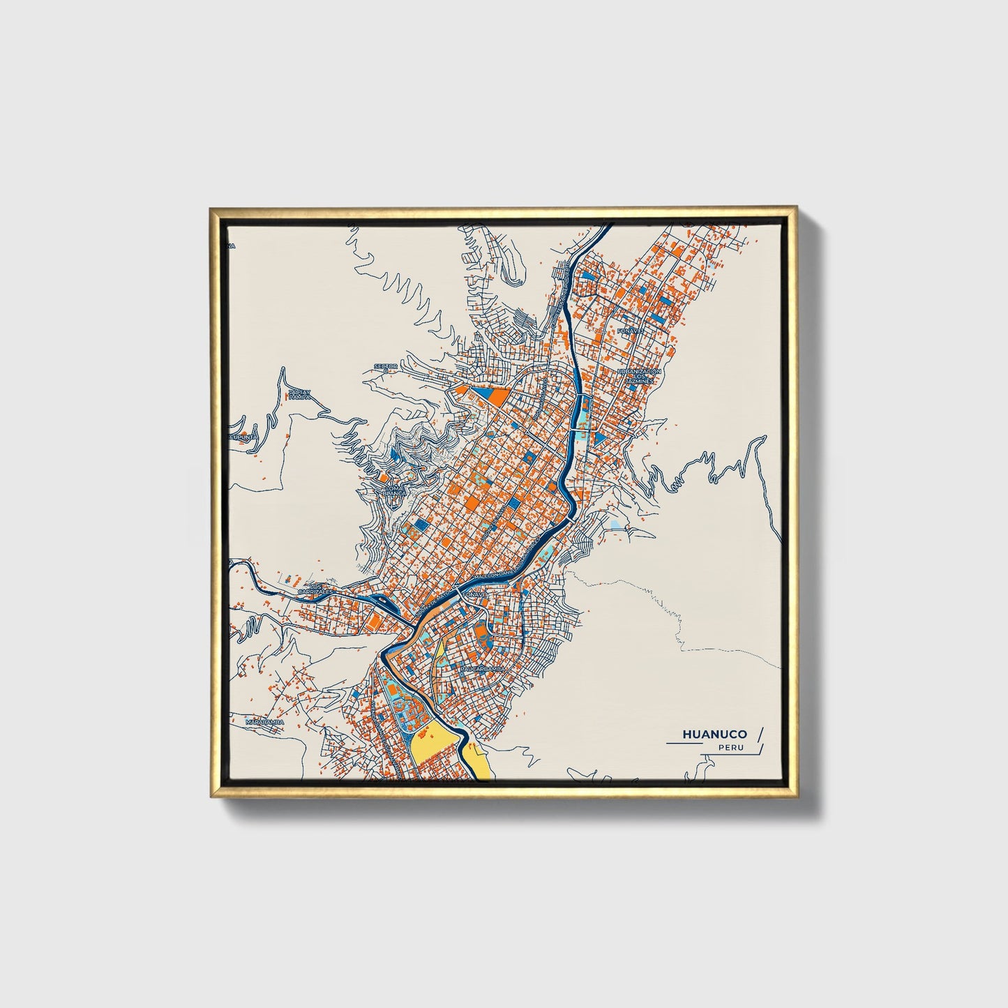 Huanuco Peru Colorful City Map Canvas Print • Gold Framed