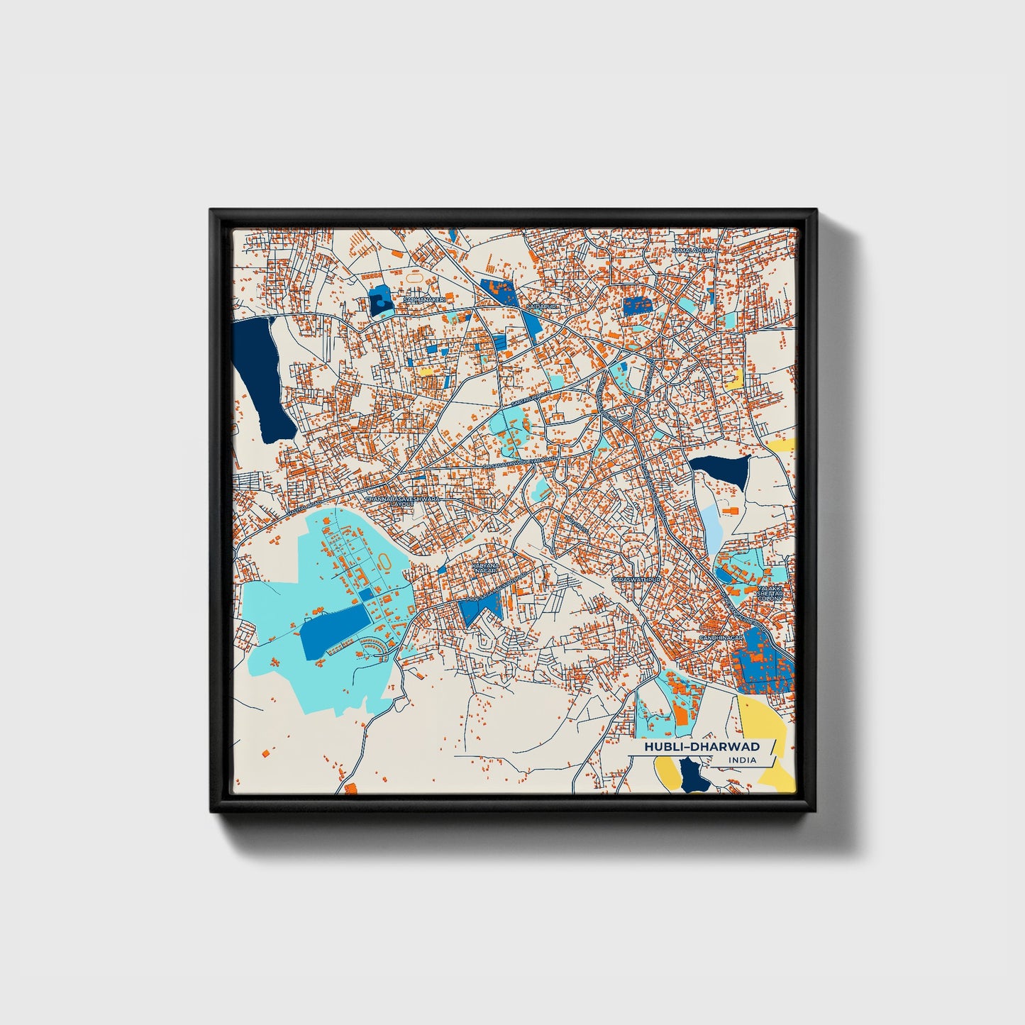 Hubli–Dharwad India Colorful City Map Canvas Print • Black Framed