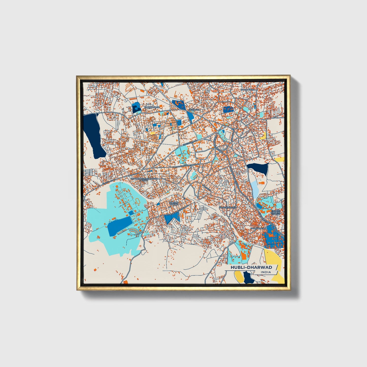 Hubli–Dharwad India Colorful City Map Canvas Print • Gold Framed