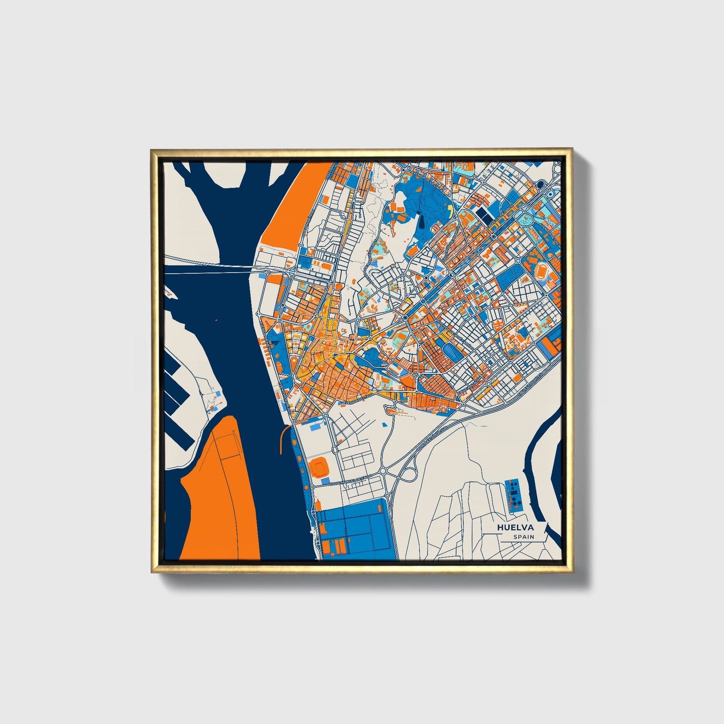Huelva Spain Colorful City Map Canvas Print • Gold Framed