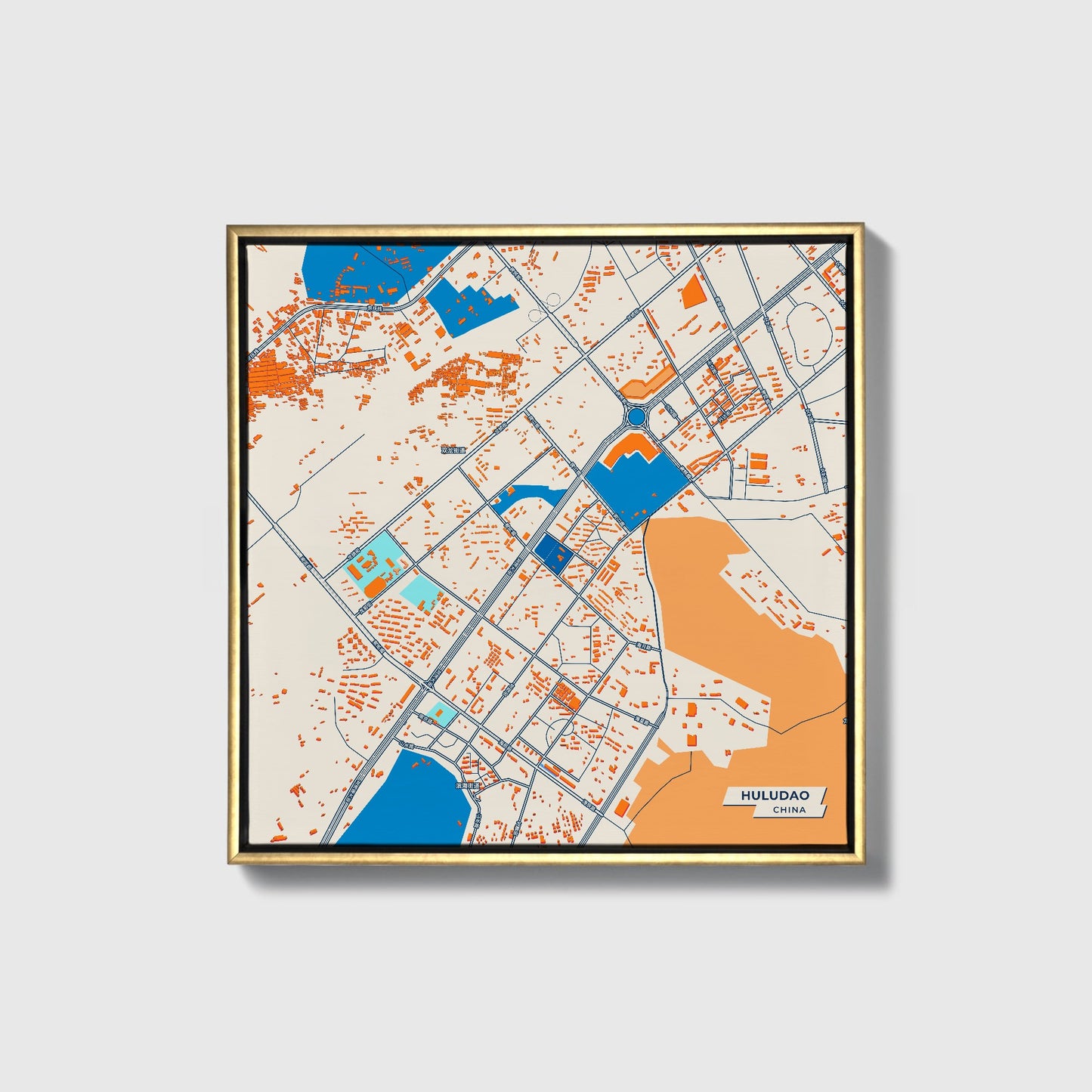 Huludao China Colorful City Map Canvas Print • Gold Framed
