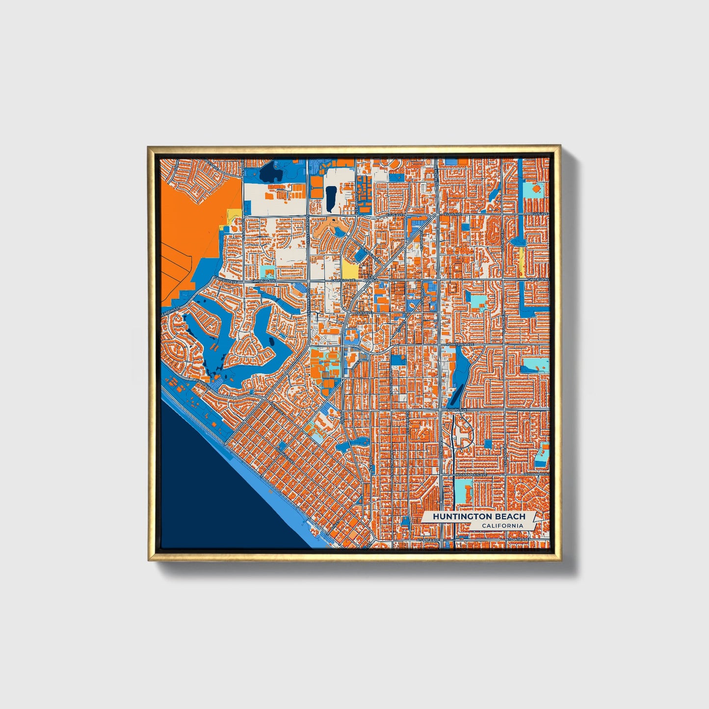 Huntington Beach California Colorful City Map Canvas Print • Gold Framed