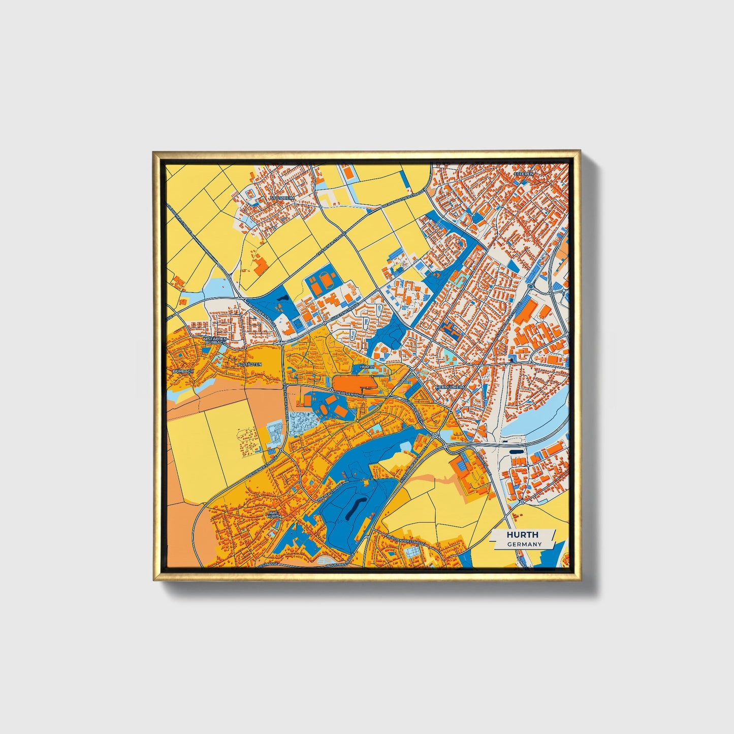 Hürth Germany Colorful City Map Canvas Print • Gold Framed