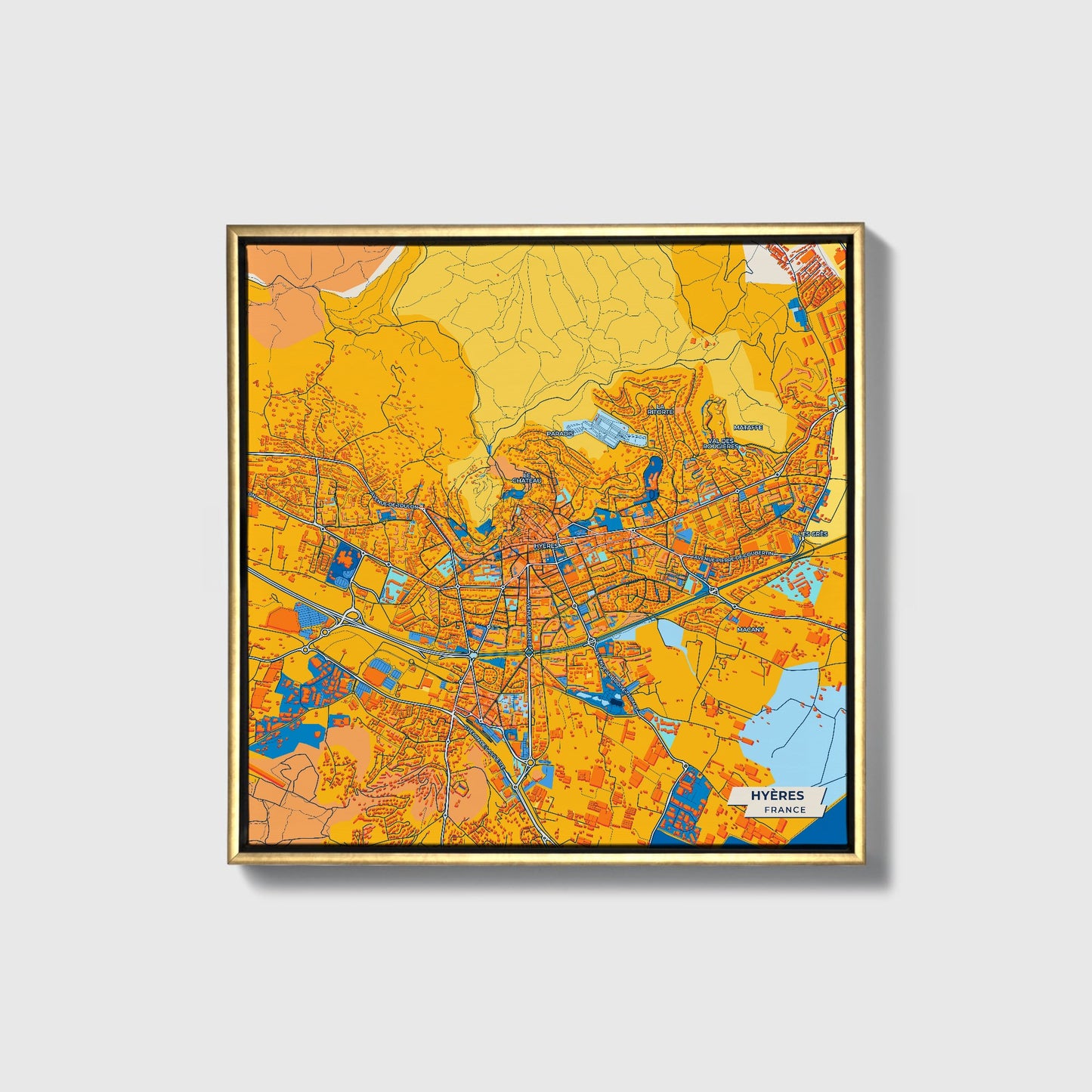 Hyères France Colorful City Map Canvas Print • Gold Framed
