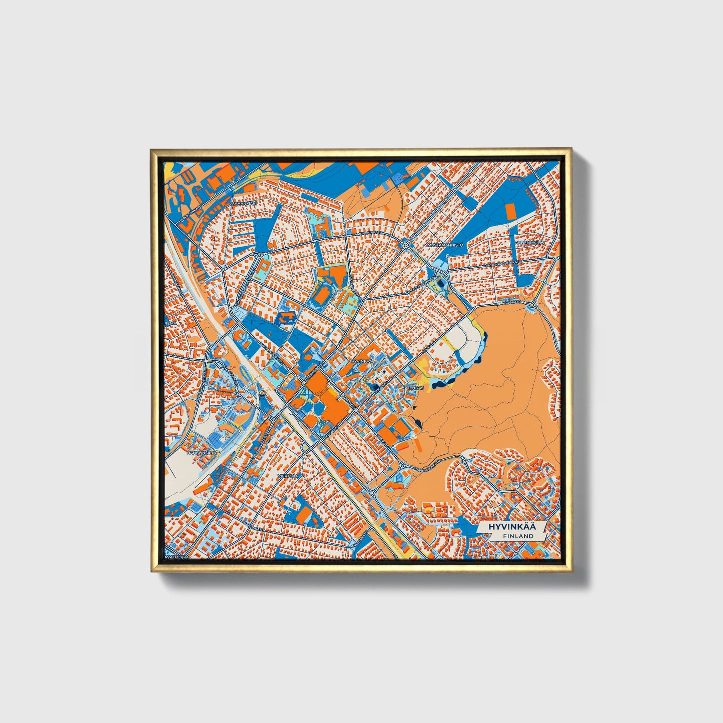 Hyvinkää Finland Colorful City Map Canvas Print • Gold Framed