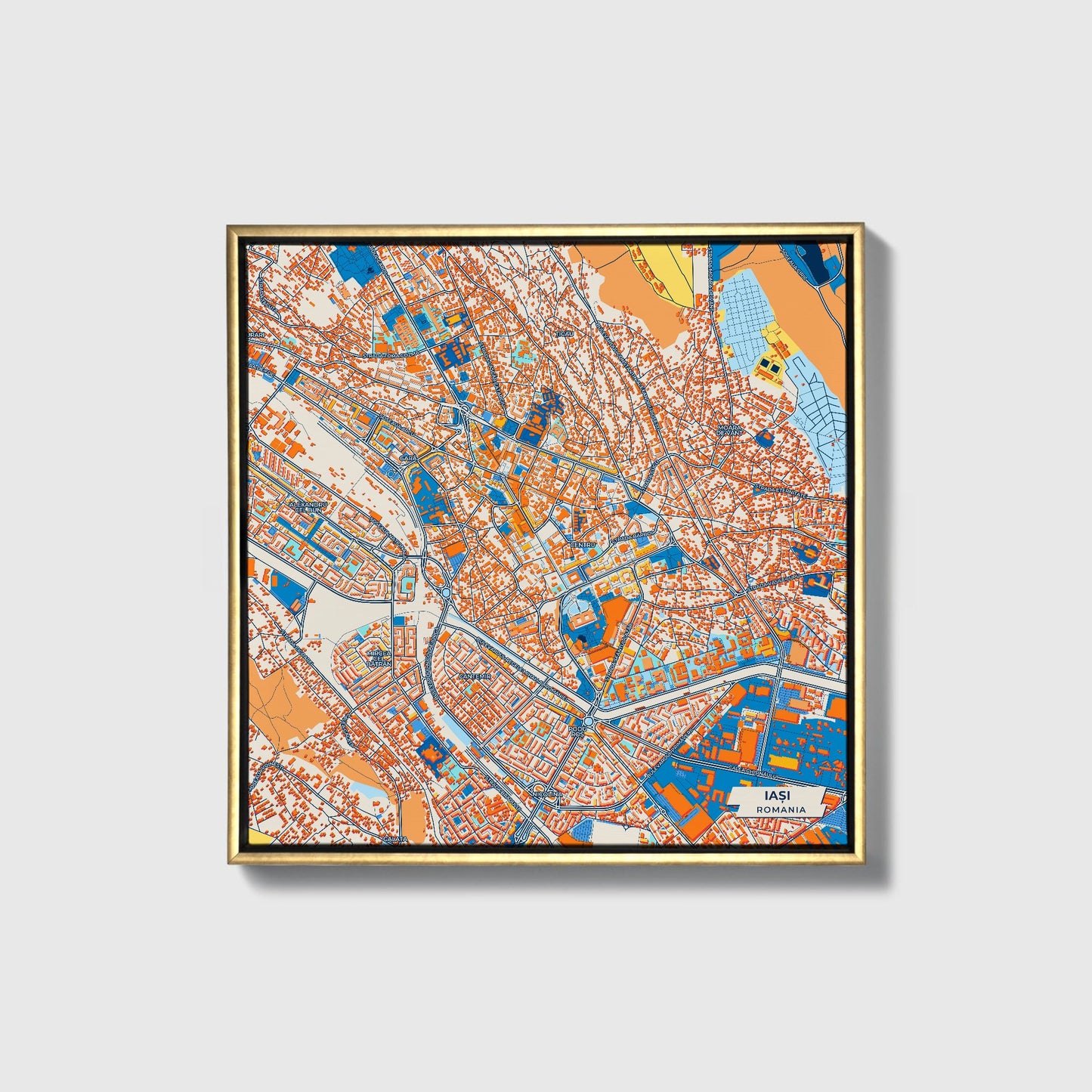 Iași Romania Colorful City Map Canvas Print • Gold Framed