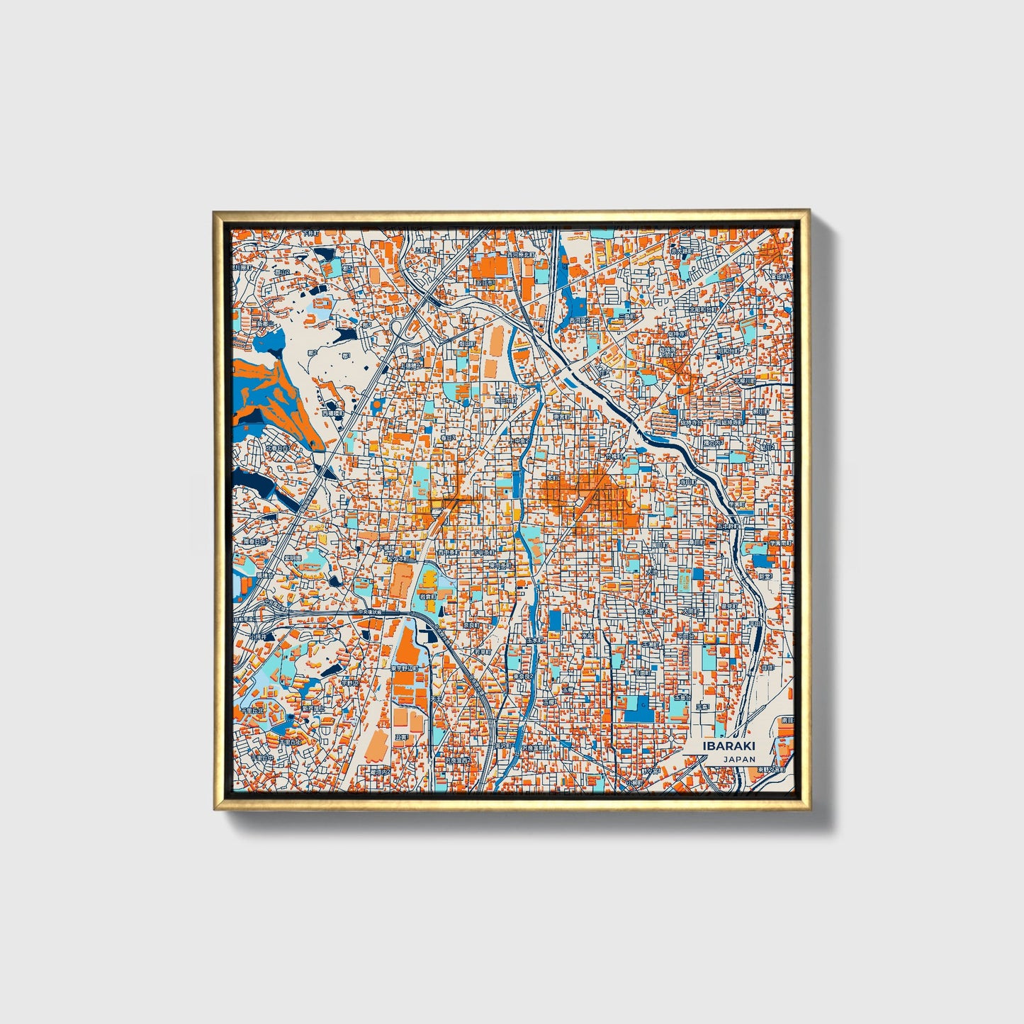 Ibaraki Japan Colorful City Map Canvas Print • Gold Framed