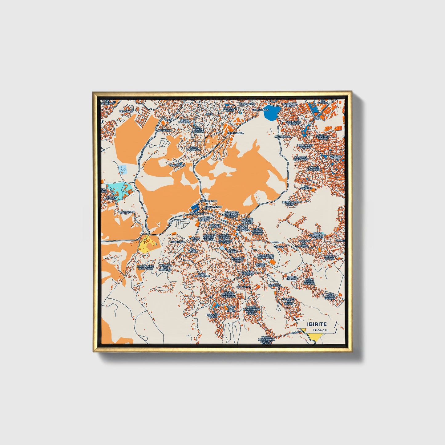 Ibirite Brazil Colorful City Map Canvas Print • Gold Framed