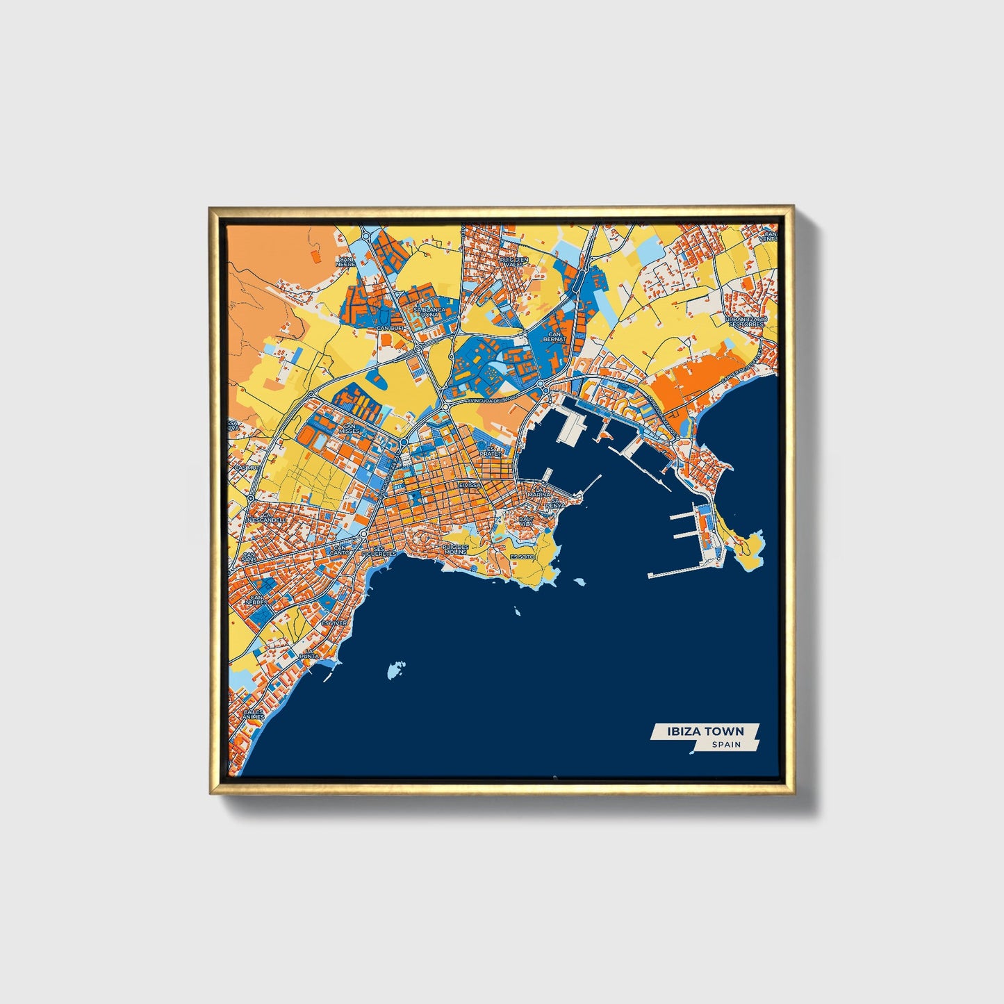 Ibiza Town Spain Colorful City Map Canvas Print • Gold Framed