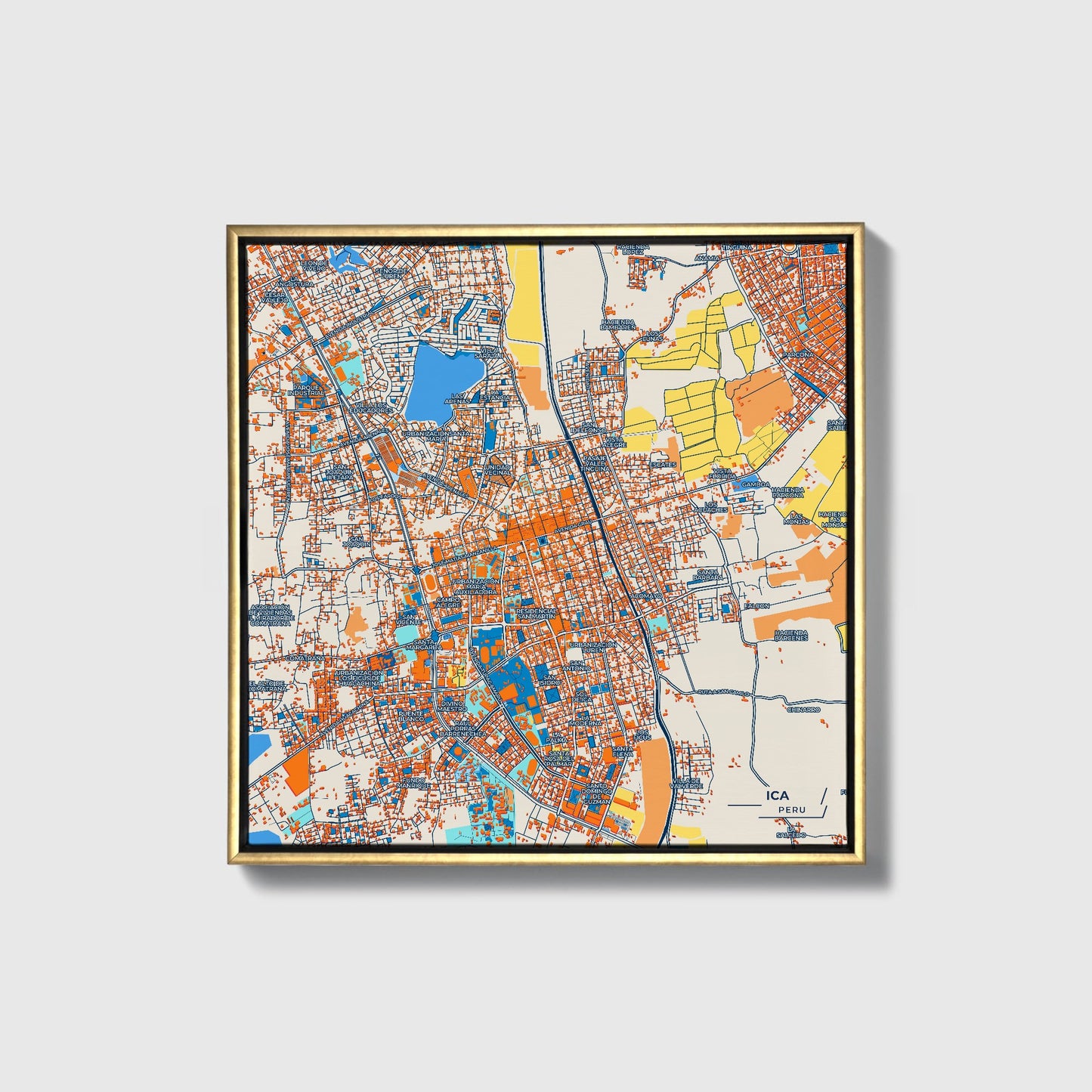 Ica Peru Colorful City Map Canvas Print • Gold Framed