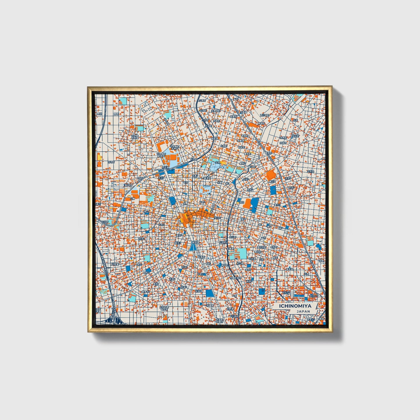 Ichinomiya Japan Colorful City Map Canvas Print • Gold Framed