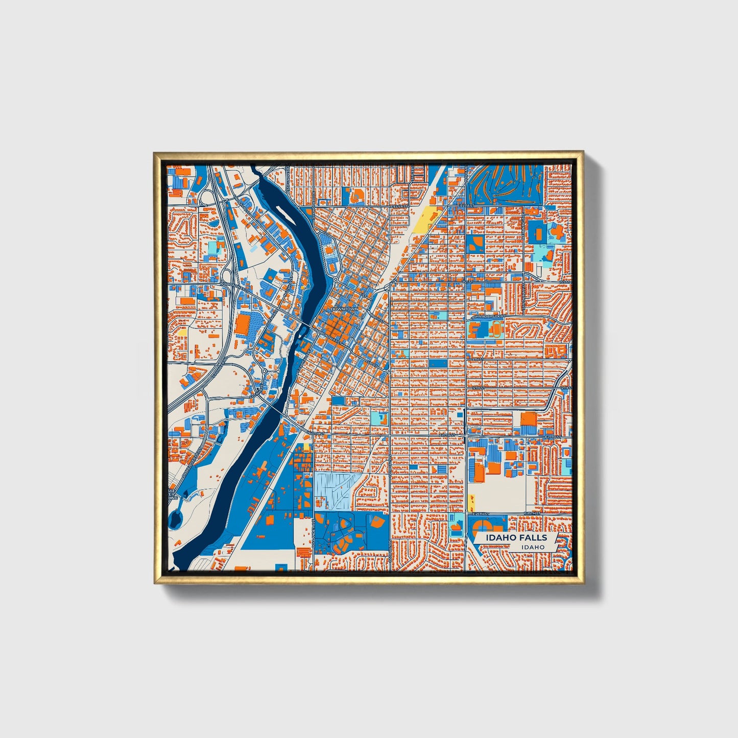 Idaho Falls Idaho Colorful City Map Canvas Print • Gold Framed