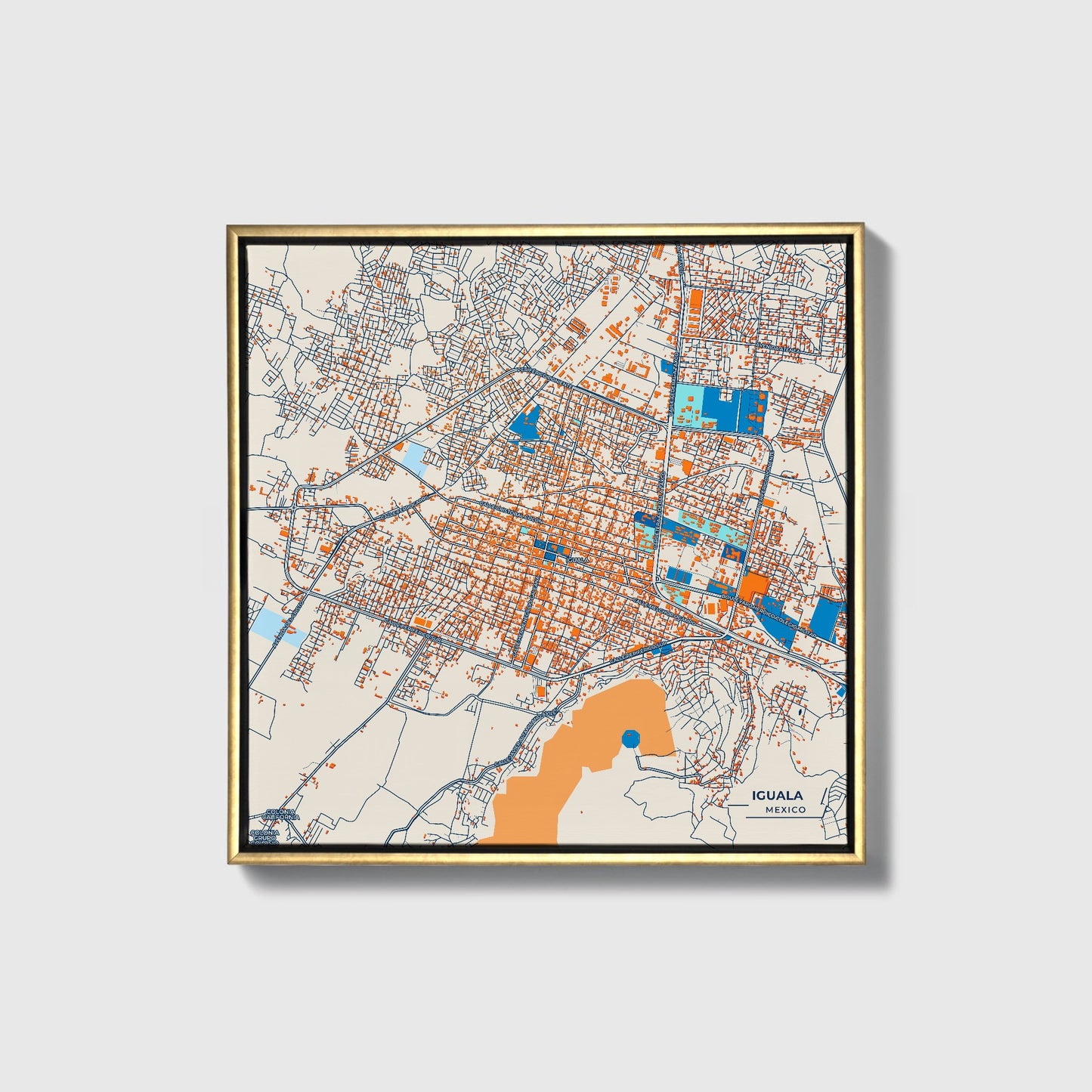 Iguala Mexico Colorful City Map Canvas Print • Gold Framed