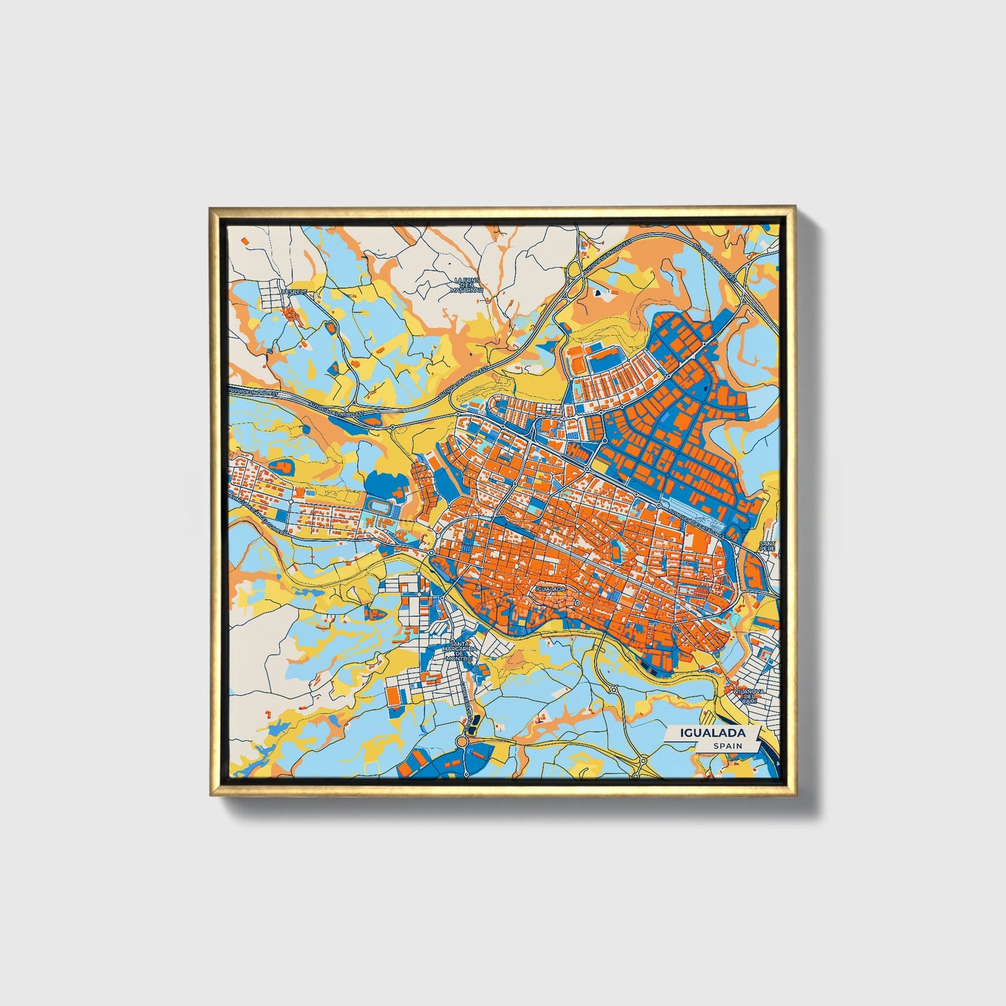 Igualada Spain Colorful City Map Canvas Print • Gold Framed