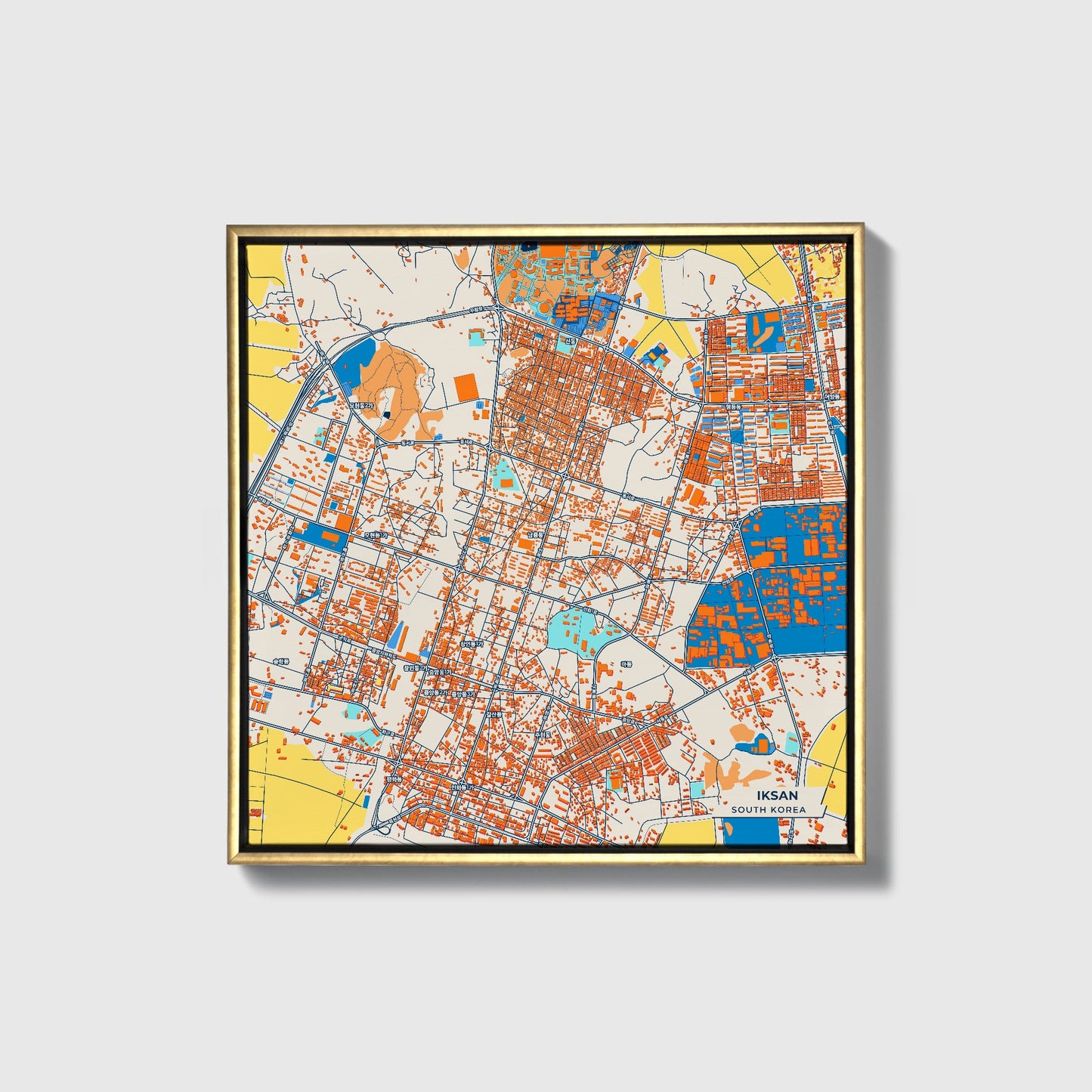 Iksan South Korea Colorful City Map Canvas Print • Gold Framed